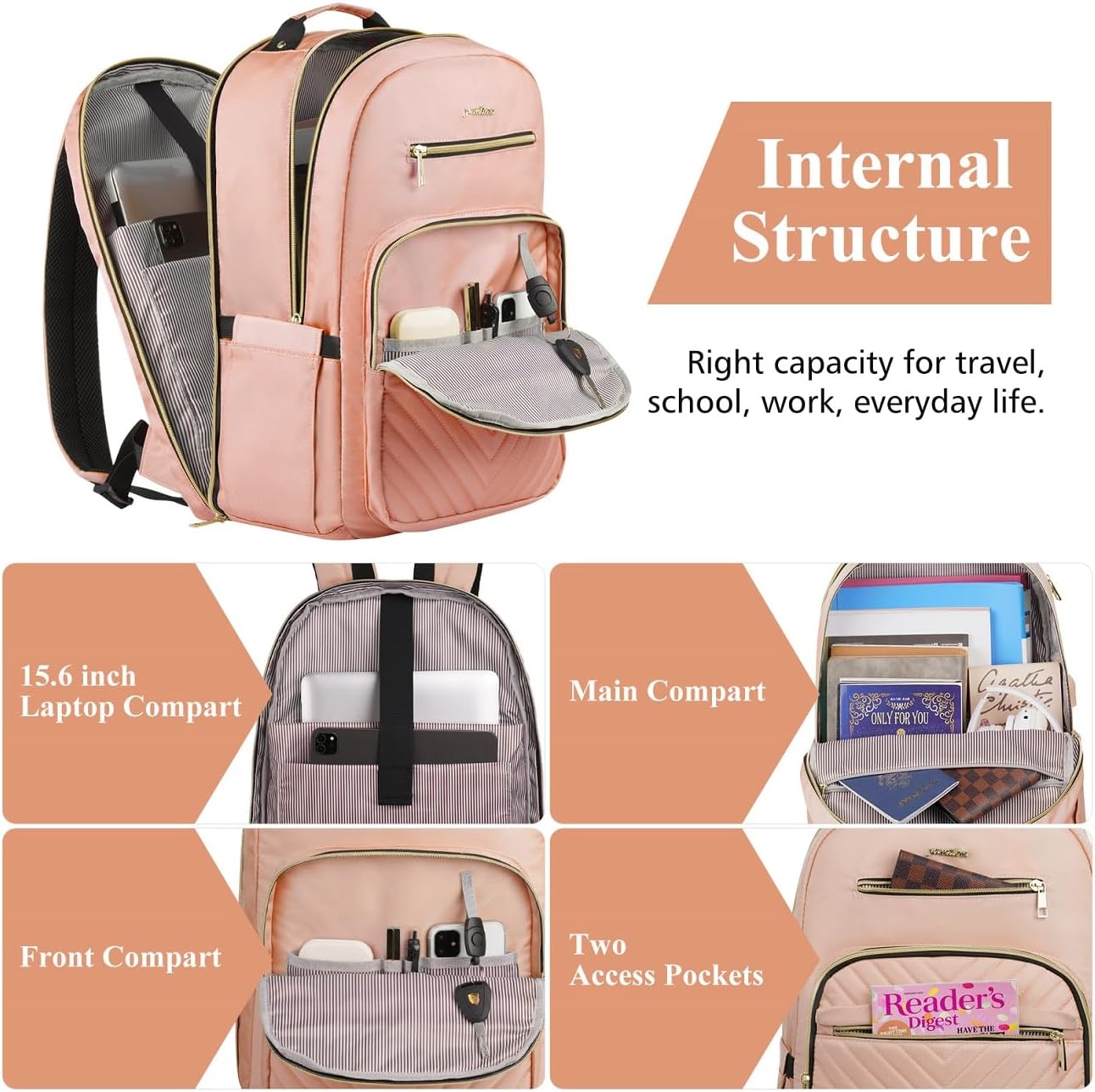 YAMTION School Backpack Girls Teenagers Backpack Women's School Bag Women 15.6 Inch Laptop Backpack with USB and Laptop Compartment for Work Office Study School City University Pink – Bild 3