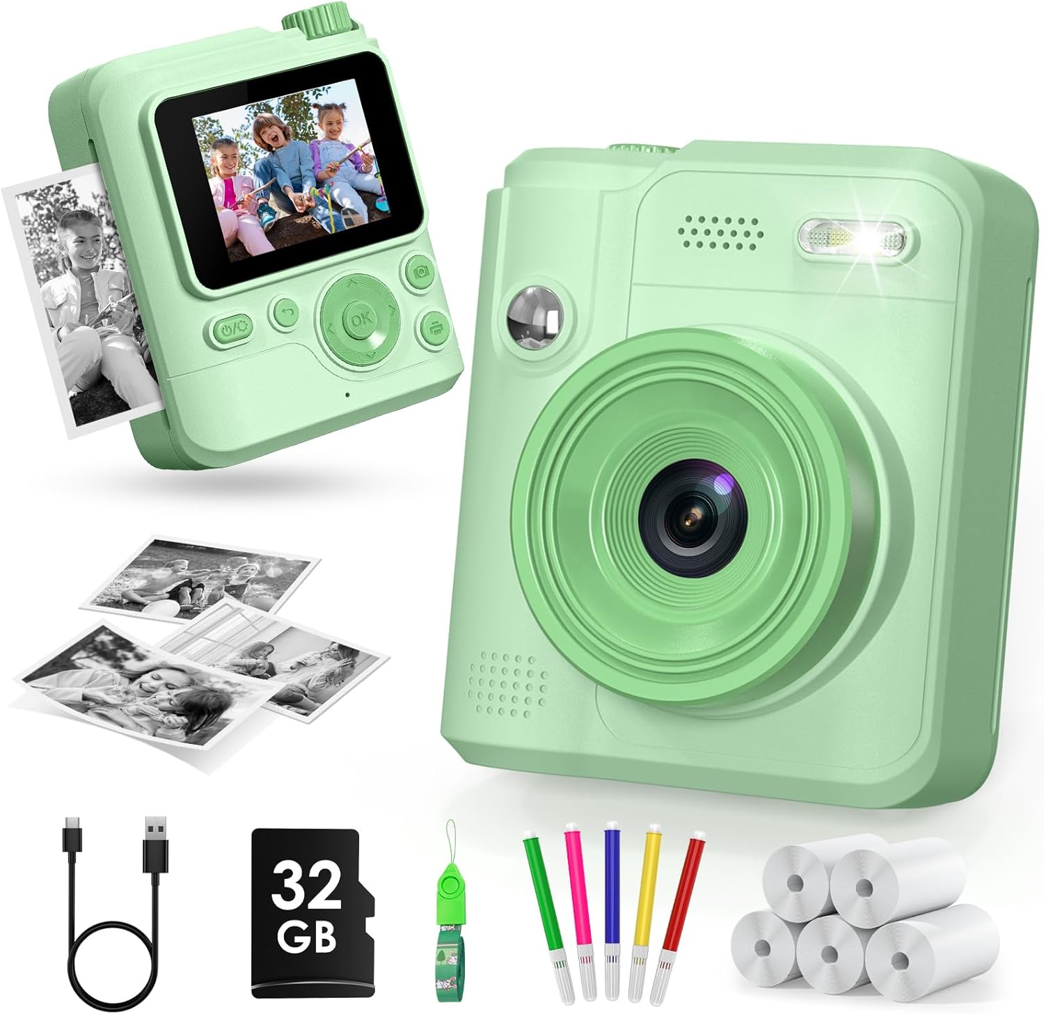 Gofunly Instant Camera Children, 1080P HD Children's Camera Instant Camera with 32GB Card & Printer Paper, Camera Children Instant Print Children's Toy Gifts for Boys and Girls 3-12 Years