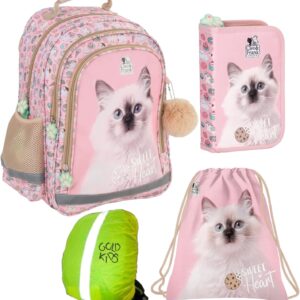 Goldkids – School Bag for Boys and Girls, Set of 4 – School Backpack for Children with Pencil Case – Shoe Bag and Rain Cover – Cat Motif – 1-3 Class