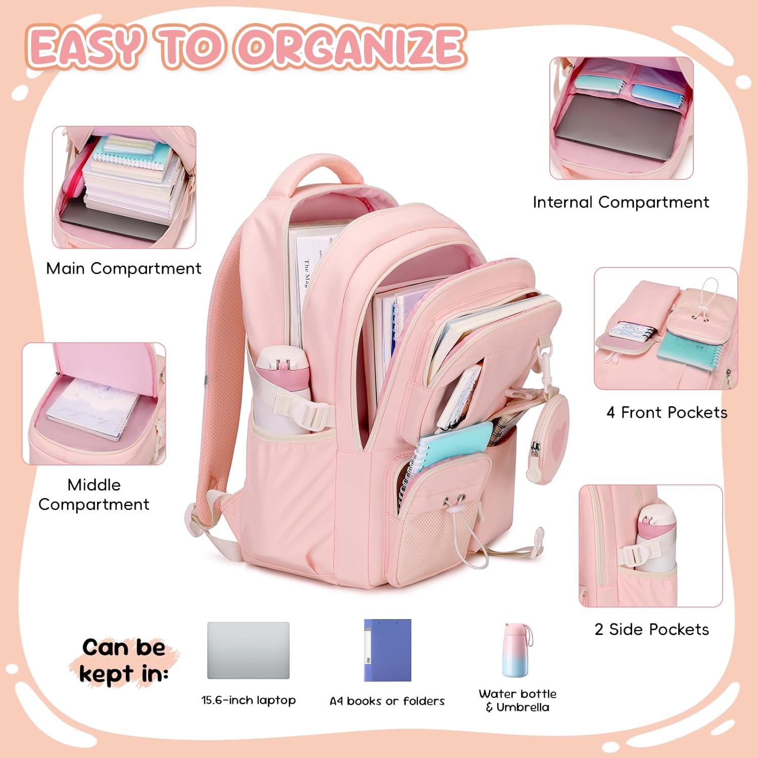 School Bag Girls School Backpack for Girls 1st - 5th Grade with Cute Coin Bag, Casual Backpack School for Kids Teenagers, Ideal for School and Travel, pink, Rucksack Backpacks – Bild 4