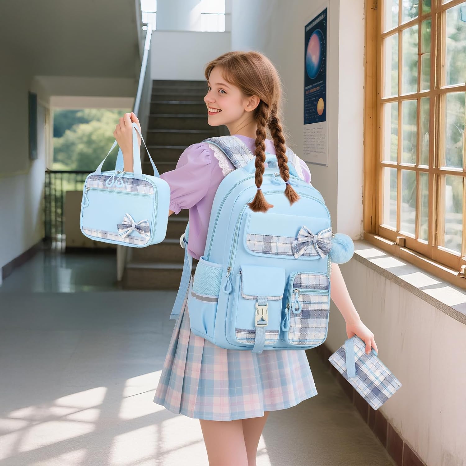 School Bag Girls Set, School Backpack Girls 3 Pieces with Lunch Bag Pencil Case, School Bag for Girls 3rd to 5th Grade, Cute Casual Children's Backpack, Blue – Bild 7