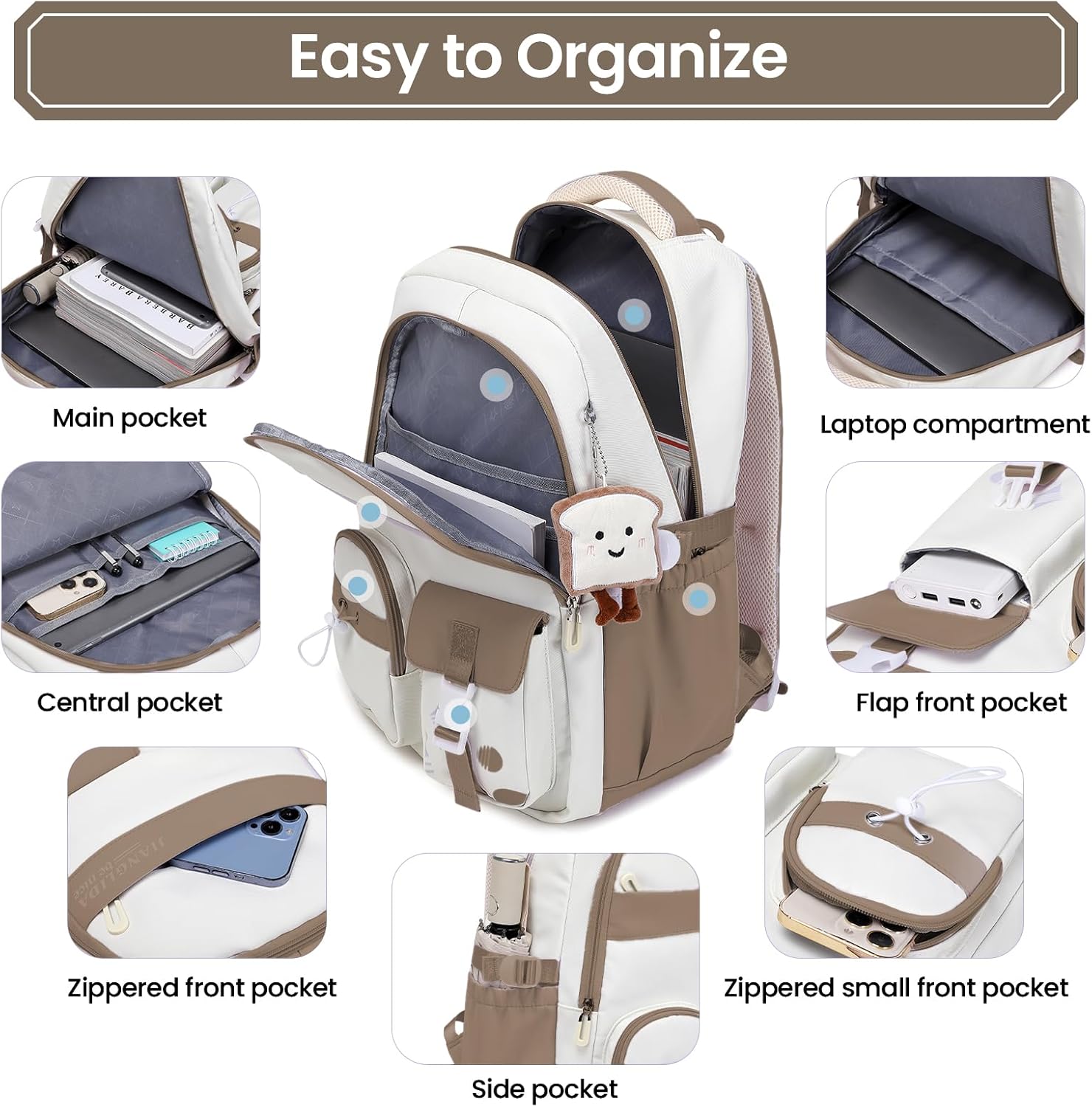 Girls' School Backpack - Backpack Teenager Waterproof & Lightweight - Stylish Casual Daypack, Nylon School Bag Girls 3rd - 9th Class with Large Capacity, 8534# Brown, Rucksack Backpacks – Bild 3