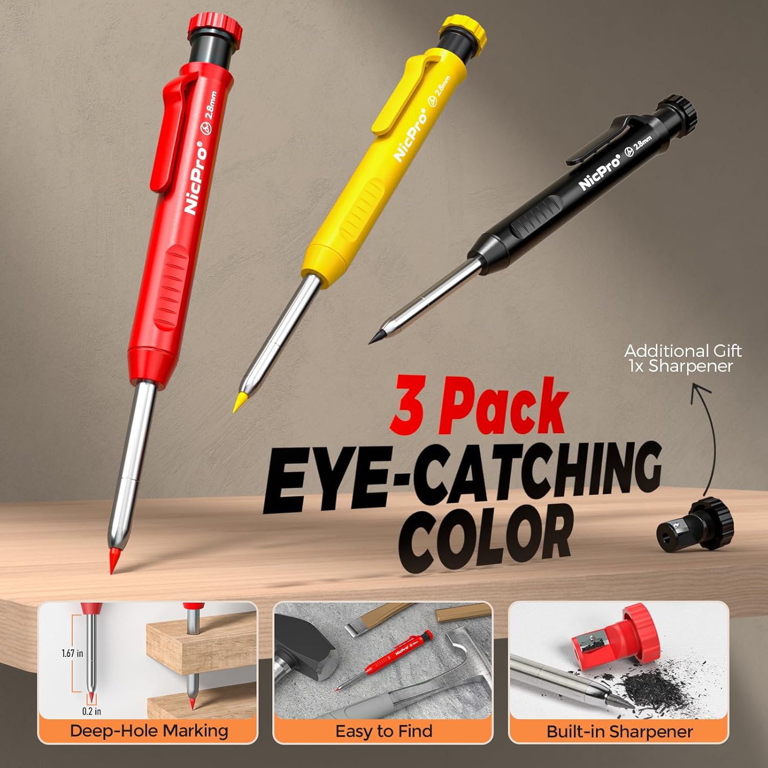 Nicpro 3 Pack CP1000 Carpenter's Pencils with Sharpener, Mechanical Pencils with 39 Leads, Deep Hole Marker with Long Tip for Construction, Heavy Duty Pencil Construction Site for Architect Marking – Bild 2
