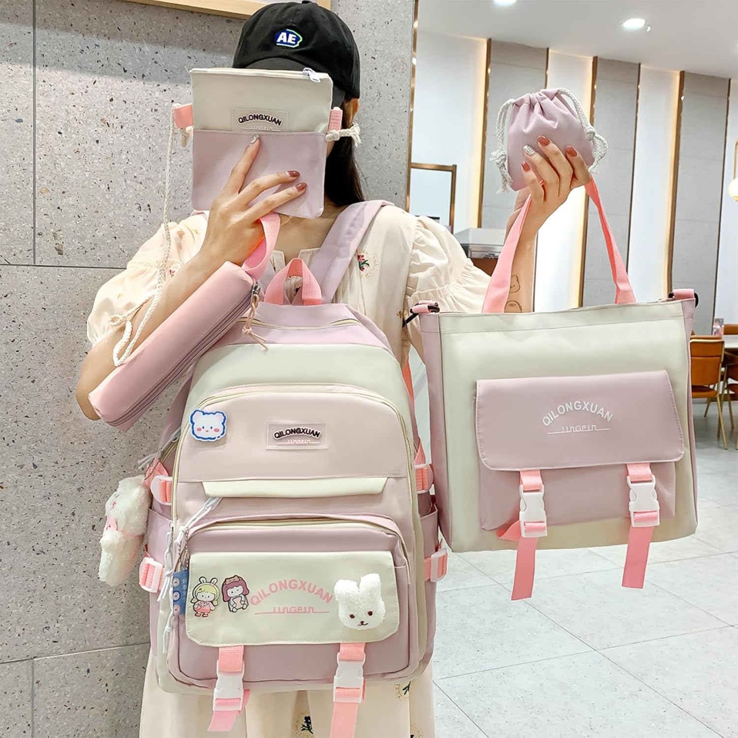 IvyH School Bag Set 5 Pieces School Bag Girls Backpack School Teenager School Backpack for Girls 3rd to 7th Grade School Bag Set with Shopping Bag Pencil Case Neck Pouch, 45cm, 8583# Blue, Backpack – Bild 9