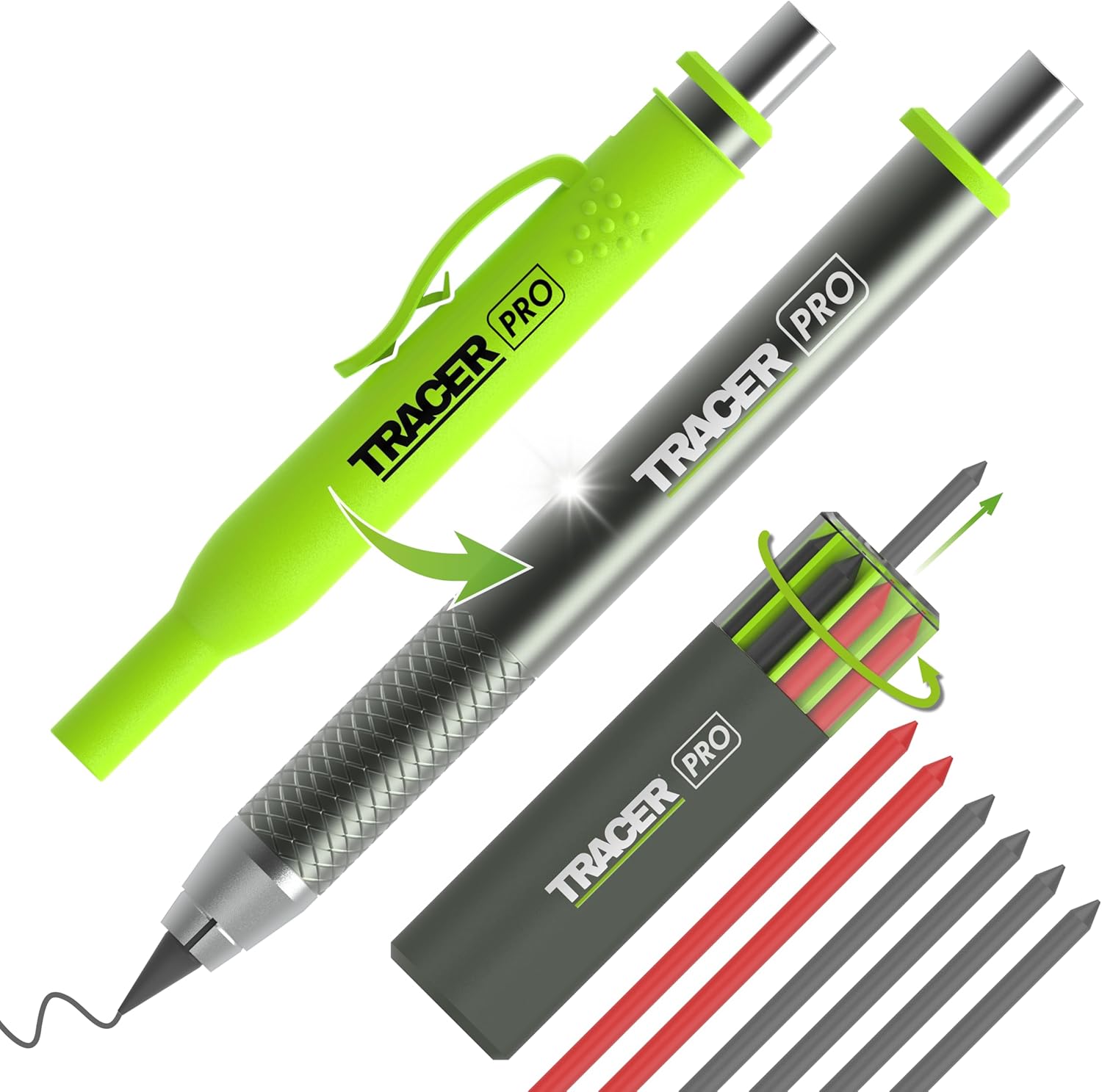 Tracer Pro Series Tough Metal Construction Pencil with 6 x Replacement Lead Pack and Site Holsters All-in-One Aluminium Construction Marking Kit