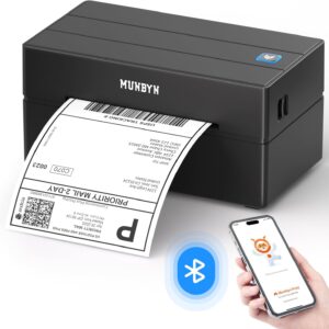 MUNBYN DHL Bluetooth Label Printer 4x6 Shipping Labels Printer, Thermal Printer Label Printer for Shopify, Ebay, Etsy, DHL, DPD, GLS, UPS with 25 Labels, Without Ink, 130B Black