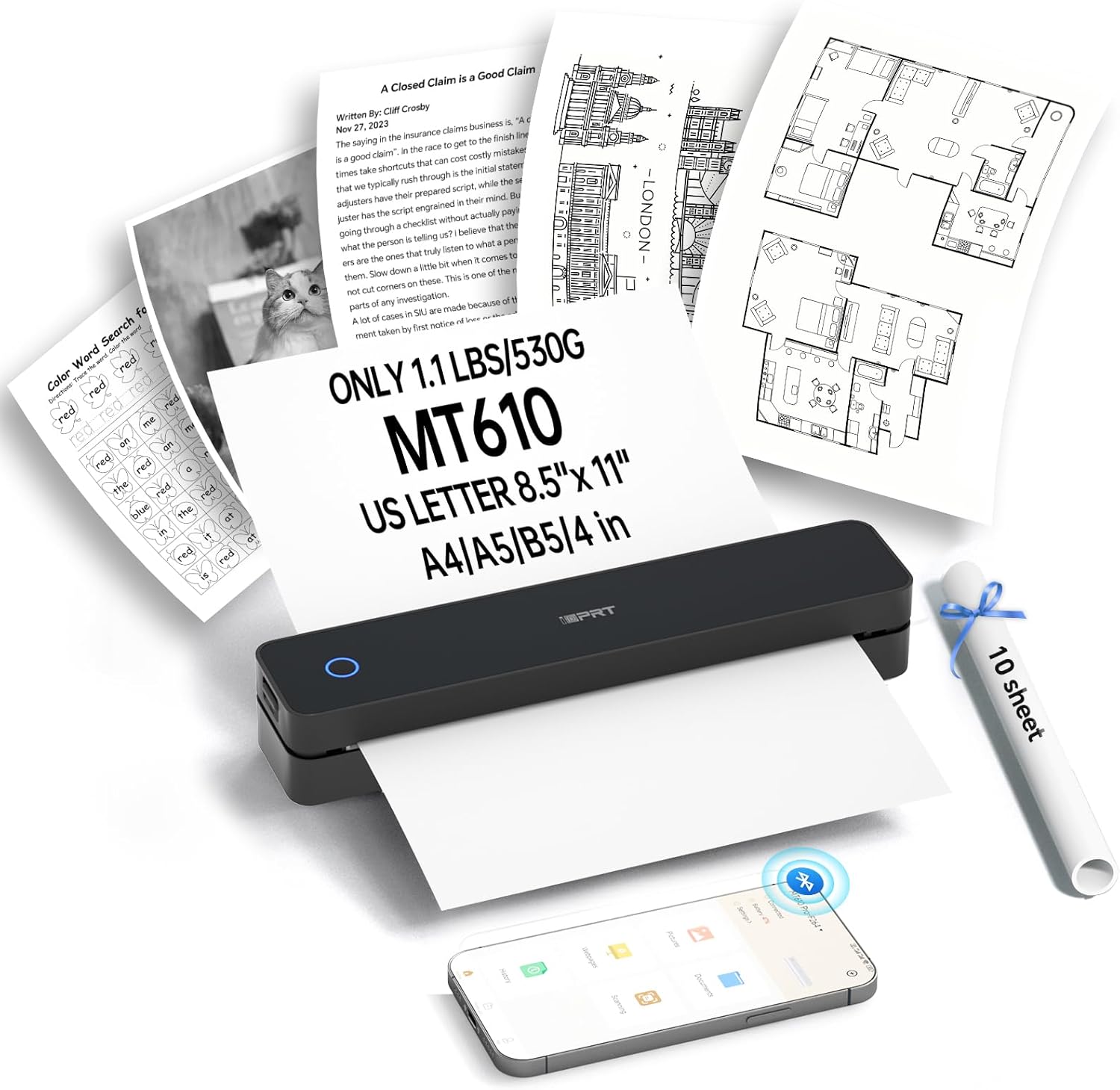 iDPRT Portable Wireless Printer for Travel, MT610 Mini Thermal Printer A4, Bluetooth Printer for Travel, Home, Study, Wireless Printer for Home Use Compatible with iOS, Android and PC, Black
