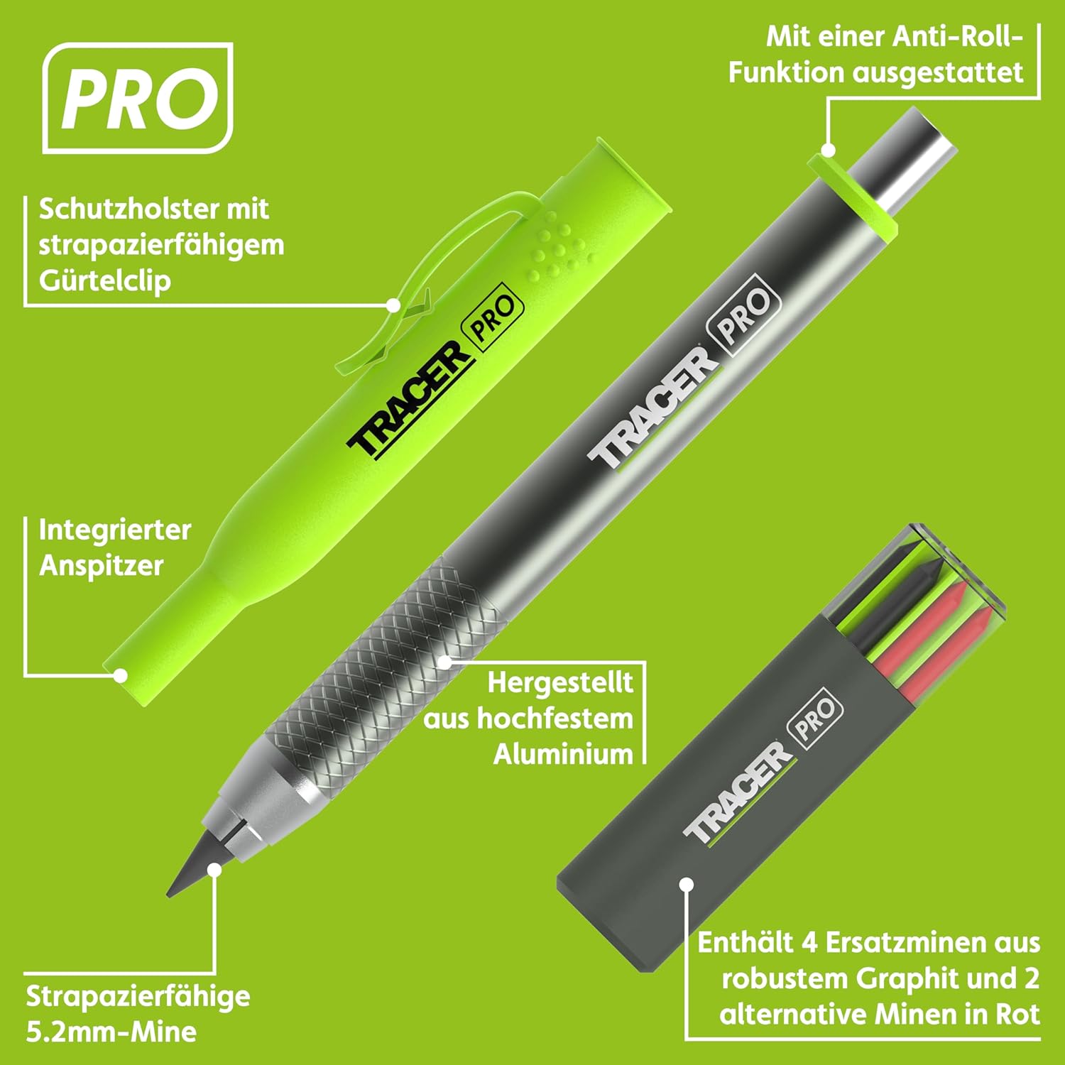 Tracer Pro Series Tough Metal Construction Pencil with 6 x Replacement Lead Pack and Site Holsters All-in-One Aluminium Construction Marking Kit – Bild 2