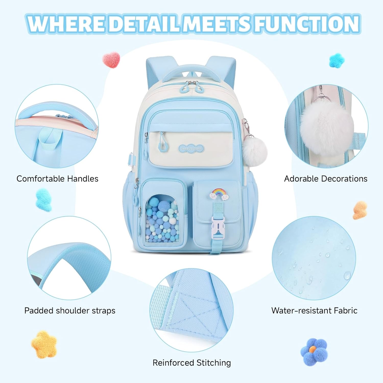 School Backpack Girls, Teenager Backpack with Pompom, Trolley Loop and Reflectors, Large School Bag for Girls 3rd - 7th Grade Water Resistant for School and Travel – Bild 6