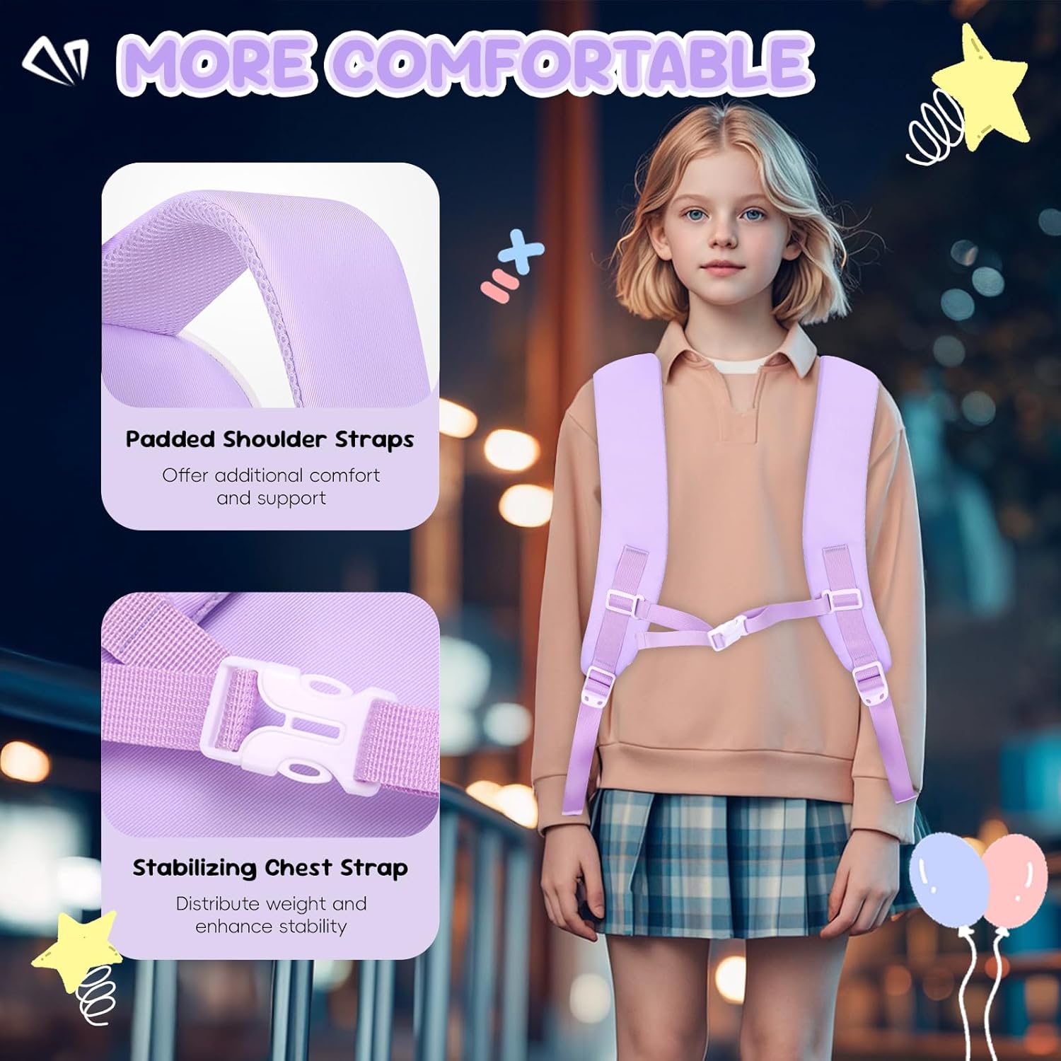 School Backpack Girls 3-Piece Casual Kids Backpack Lightweight School Bag for Girls 3rd to 5th Grade Primary School Middle School School Bag Set with Lunch Bag Pen Case, Purple – Bild 6