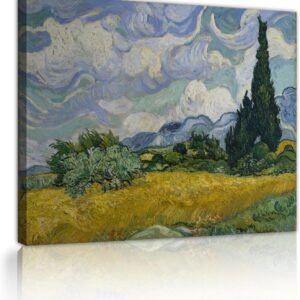 YUNART Dutch artists Drucke Leinwand gerahmt Wandkunst Poster Drucke Weizenfelder und Zypressen Bilder Home Office Dekor fertig zum Aufhängen 60x80cm Innenrahmen