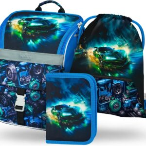 Baagl School Bag Boys Girls Set of 3 – Zippy School Bag for 1st Class – Primary School Satchel with Chest Strap – Ergonomic School Backpack, Racing car., School bag set