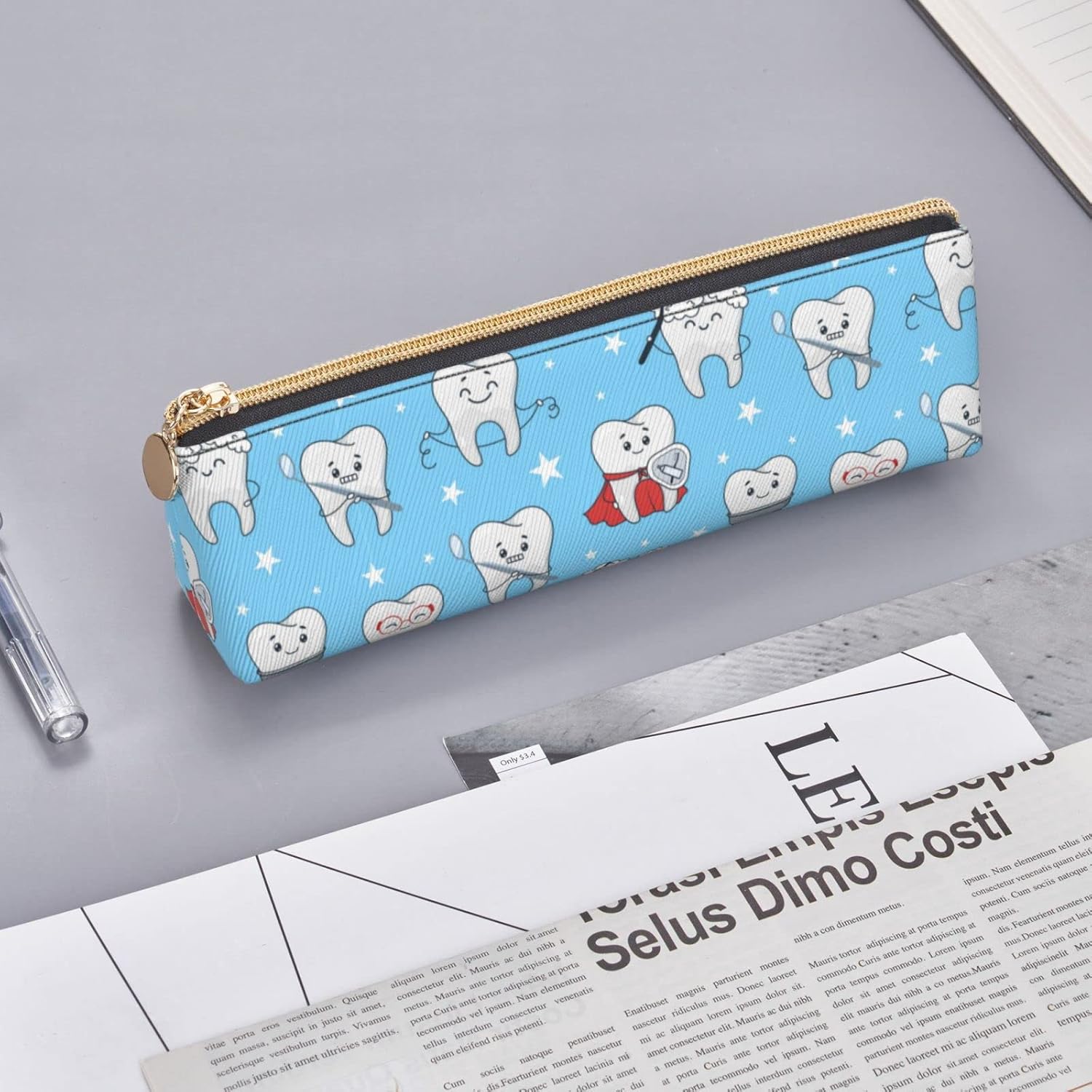 Cute Teeth Pencil Case Triangle Portable Pencil Case Leather Organizer with Zipper Cosmetic Bag, White, Bag organiser – Bild 8