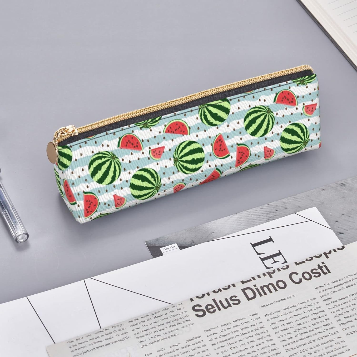 Federmäppchen mit Wassermelonen-Streifenmuster, dreieckig, tragbares Federmäppchen, Leder-Organizer mit Reißverschluss, Kosmetiktasche – Bild 8