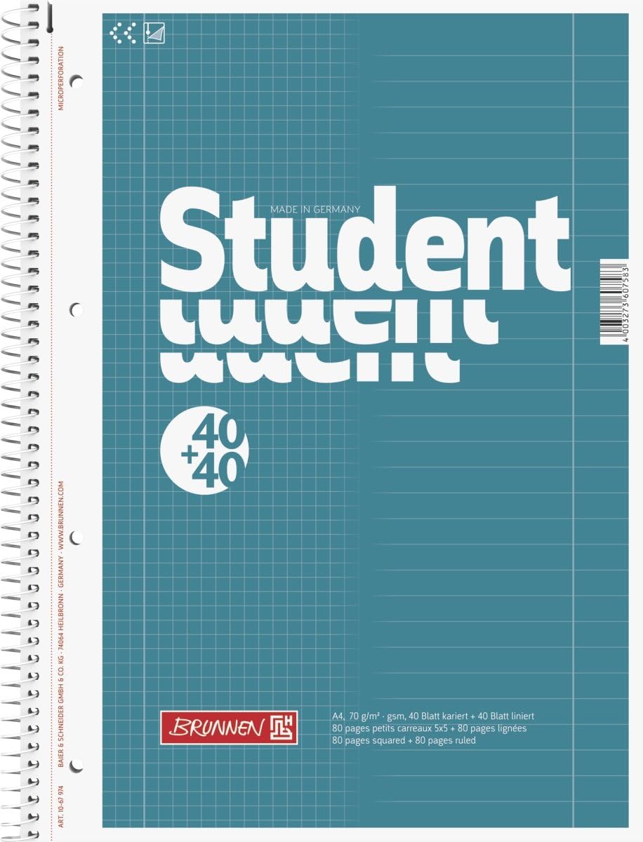 Brunnen 1067974 Student Duo Notepad/College Pad (A4 Ruled (Line Style 27, Line Style 28) 70 g/m² 40 Sheets Ruled, 40 Sheets Squared) (Pack of 2) – Bild 2