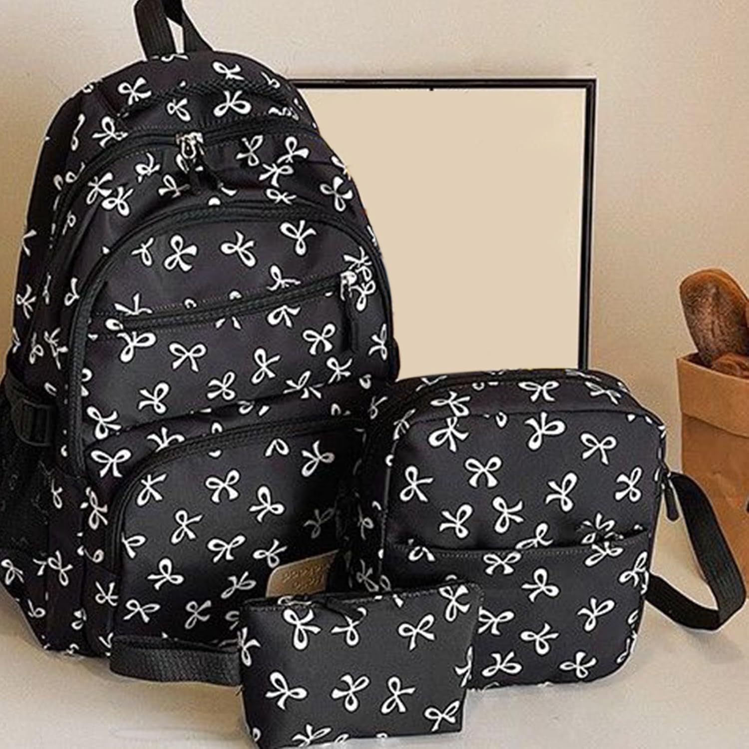 School Backpack Girls Teenager Vintage Backpack Set for Girls Bows School Bag Laptop School Bags with Lunch Bag and Pencil Case for Women School Travel (3 Pieces/Set) – Bild 3