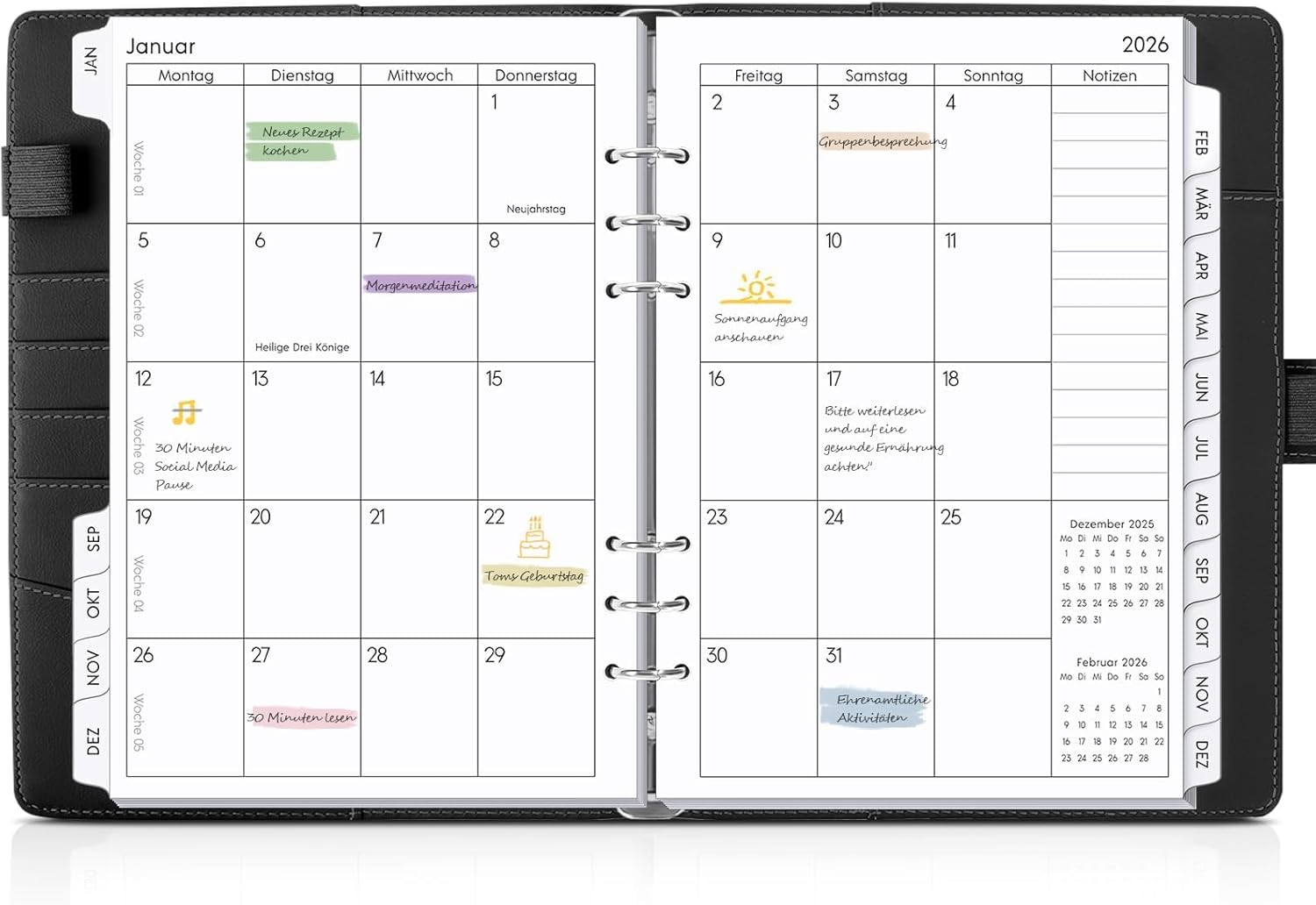 SKYDUE Calendar Ring Binder A5 Refillable, Ring Binder A5 Refillable from December 2025 to December 2026, Diary 2026, Perfect for Students and Professionals (Black)