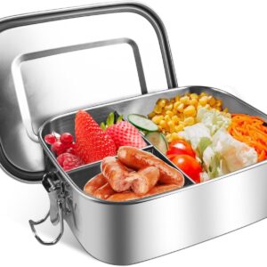 Stainless Steel Lunch Box with Compartments, 1000 ml Lunch Box, Metal Lunch Box, Leak-Proof with 3 Compartments, Bento Box, Lunch Box for Children and Adults