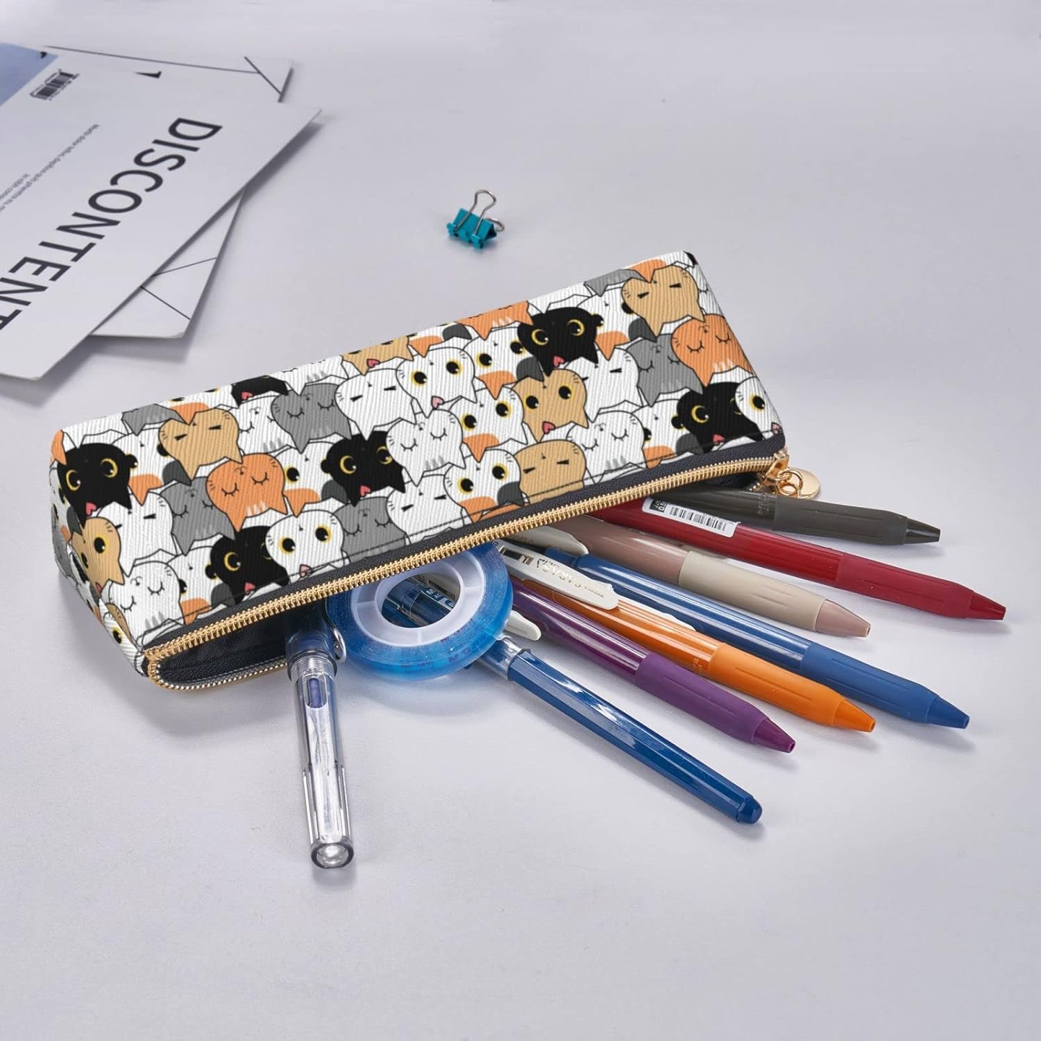 Cute Animal Cat Pencil Case Triangle Pencil Case Portable Pencil Case Leather Organizer Zipper Cosmetic Bag, White, Bag organiser – Bild 7