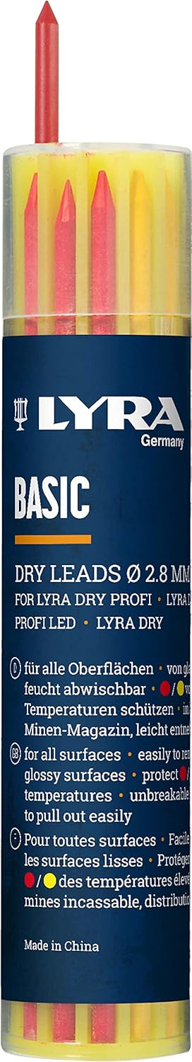 Lyra Pencil Leads (Pack of 12) (6X Grey, Yellow, 3X Red) Suitable for All Surfaces Colour Wipe Clean - 4499401