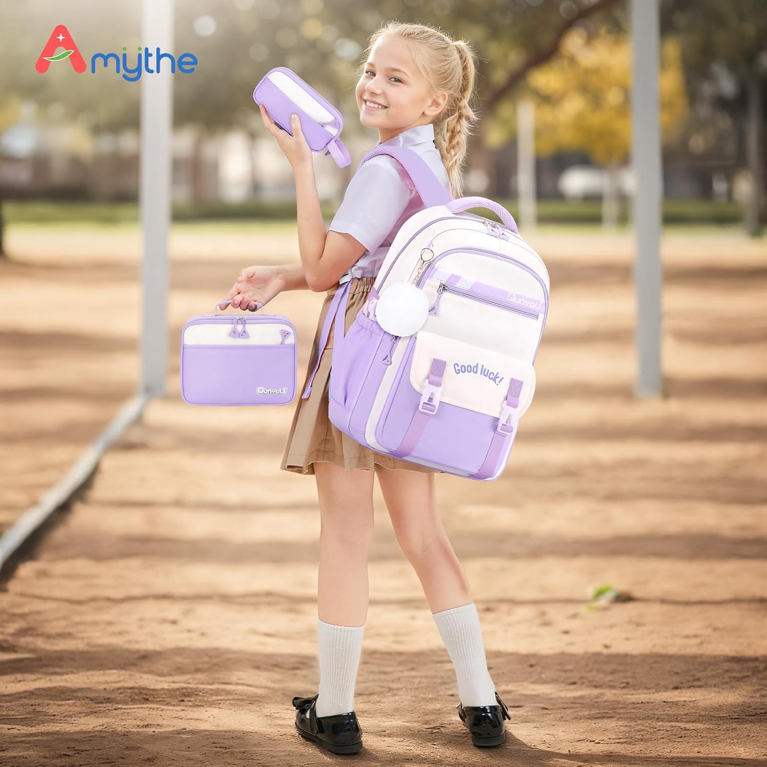 School Backpack Girls 3-Piece Casual Kids Backpack Lightweight School Bag for Girls 3rd to 5th Grade Primary School Middle School School Bag Set with Lunch Bag Pen Case, Purple – Bild 2