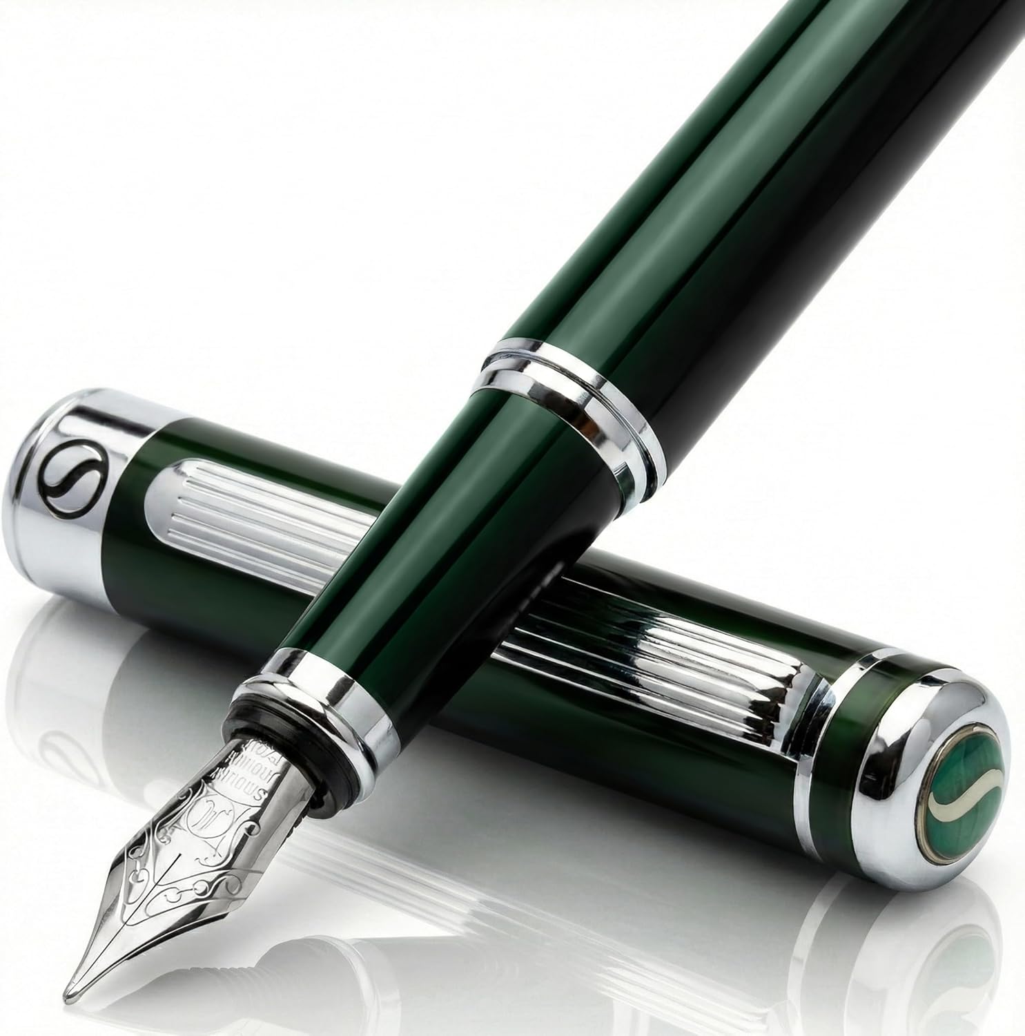Scriveiner Fountain Pen, British Racing Green, Chrome Finish, Medium Schmidt Nib, Writing Gift Set for Men and Women, Professionals, Boss, Office, Beautiful Writing Instrument