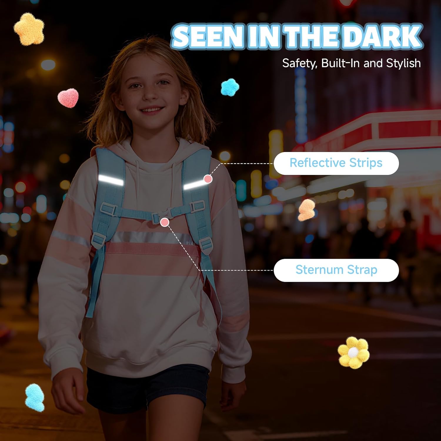 School Backpack Girls, Teenager Backpack with Pompom, Trolley Loop and Reflectors, Large School Bag for Girls 3rd - 7th Grade Water Resistant for School and Travel – Bild 5