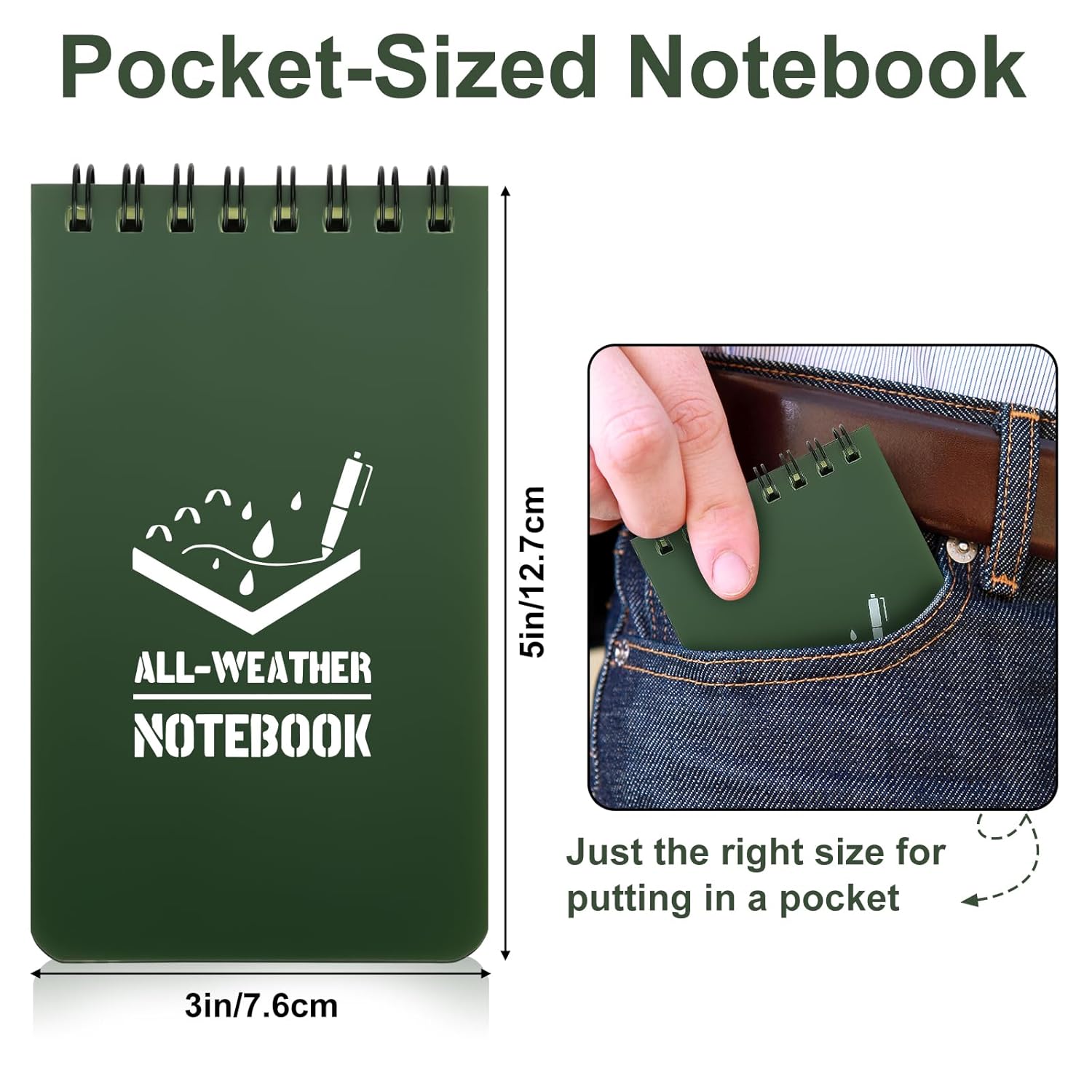 RETON Pack of 10 Waterproof Notepads, All-Weather Notepads with Top Spiral, 3 x 5 Inch Pocket Notebook, Tactical Steno Blocks with Grid for Outdoor Activities Recording (Army Green) – Bild 2