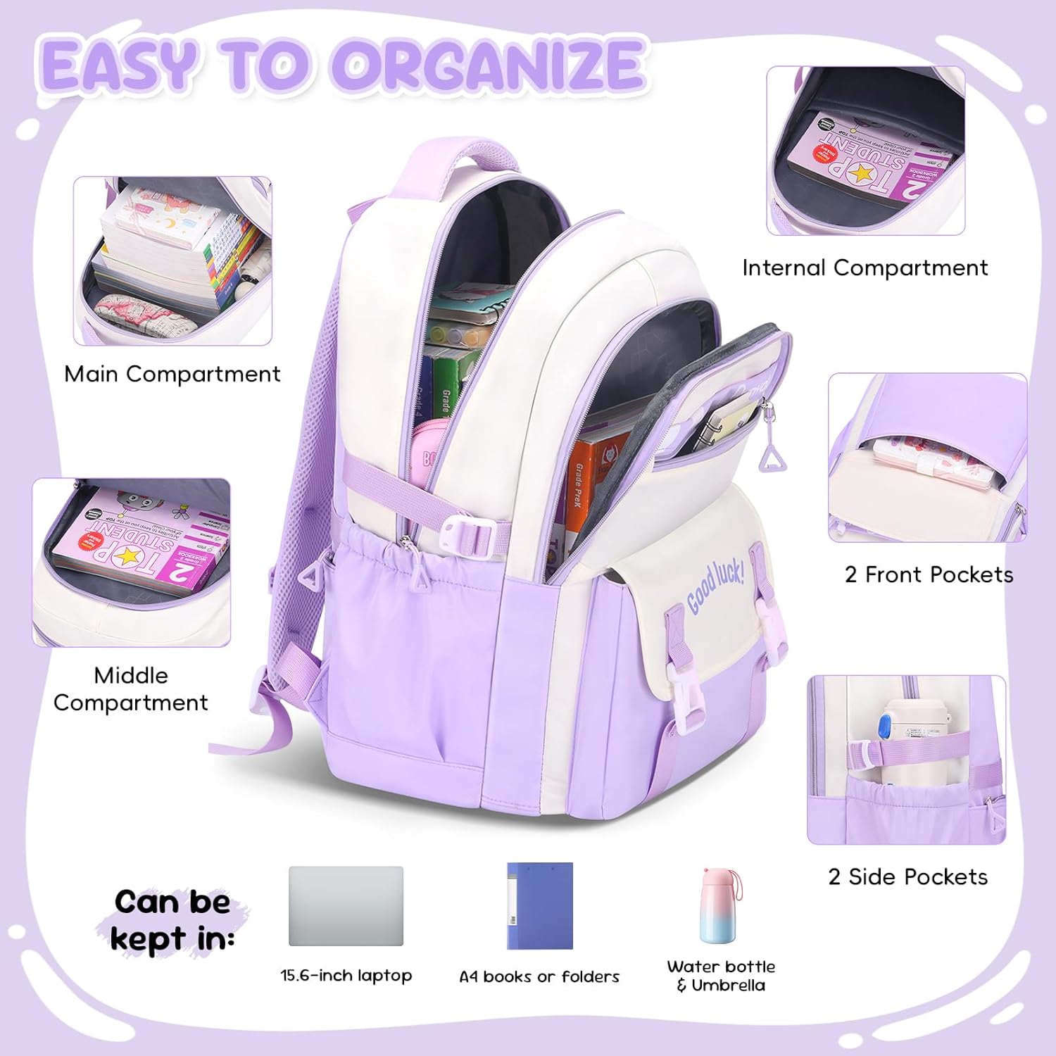 School Backpack Girls 3-Piece Casual Kids Backpack Lightweight School Bag for Girls 3rd to 5th Grade Primary School Middle School School Bag Set with Lunch Bag Pen Case, Purple – Bild 4