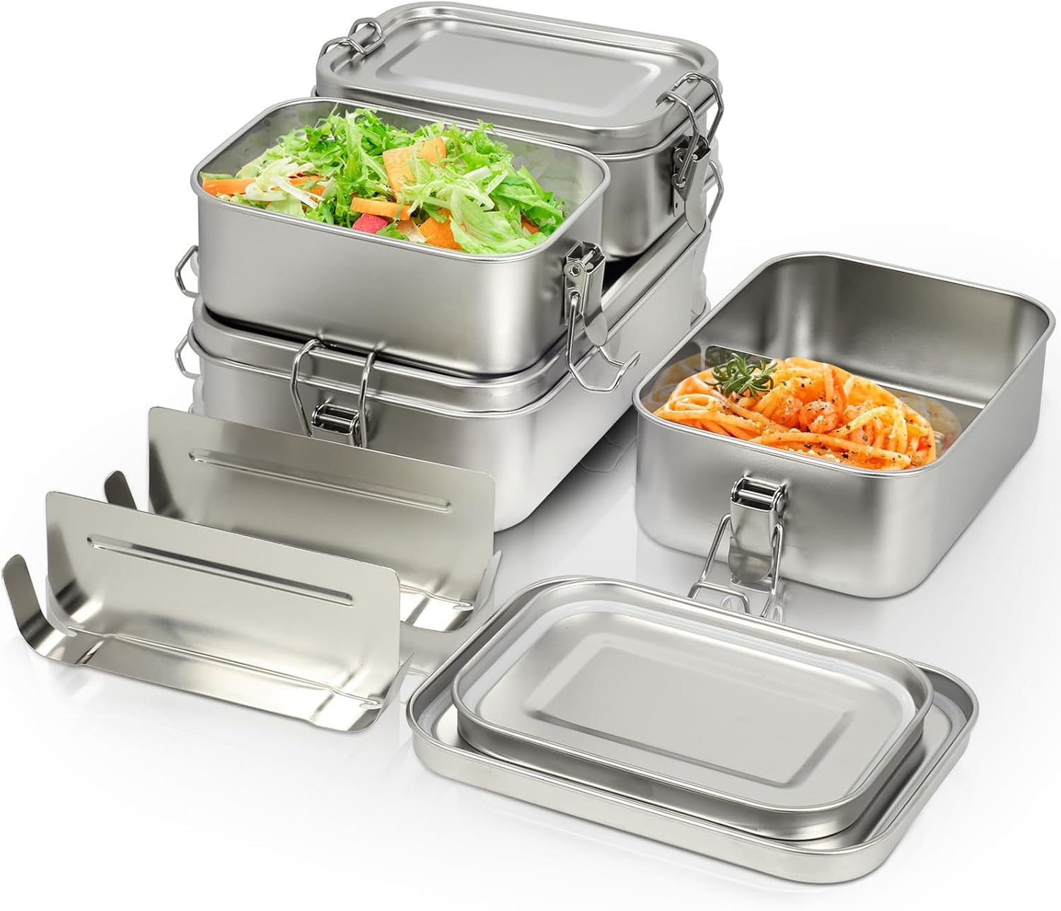 Pack of 4 304 Steel Bento Boxes, with Stainless Steel Lunch Box in Volumes 1400/850/550/550 ml, Leak-proof and Stackable Steel Lunch Box Stainless Steel for Soup, Salad and Leftover Meals