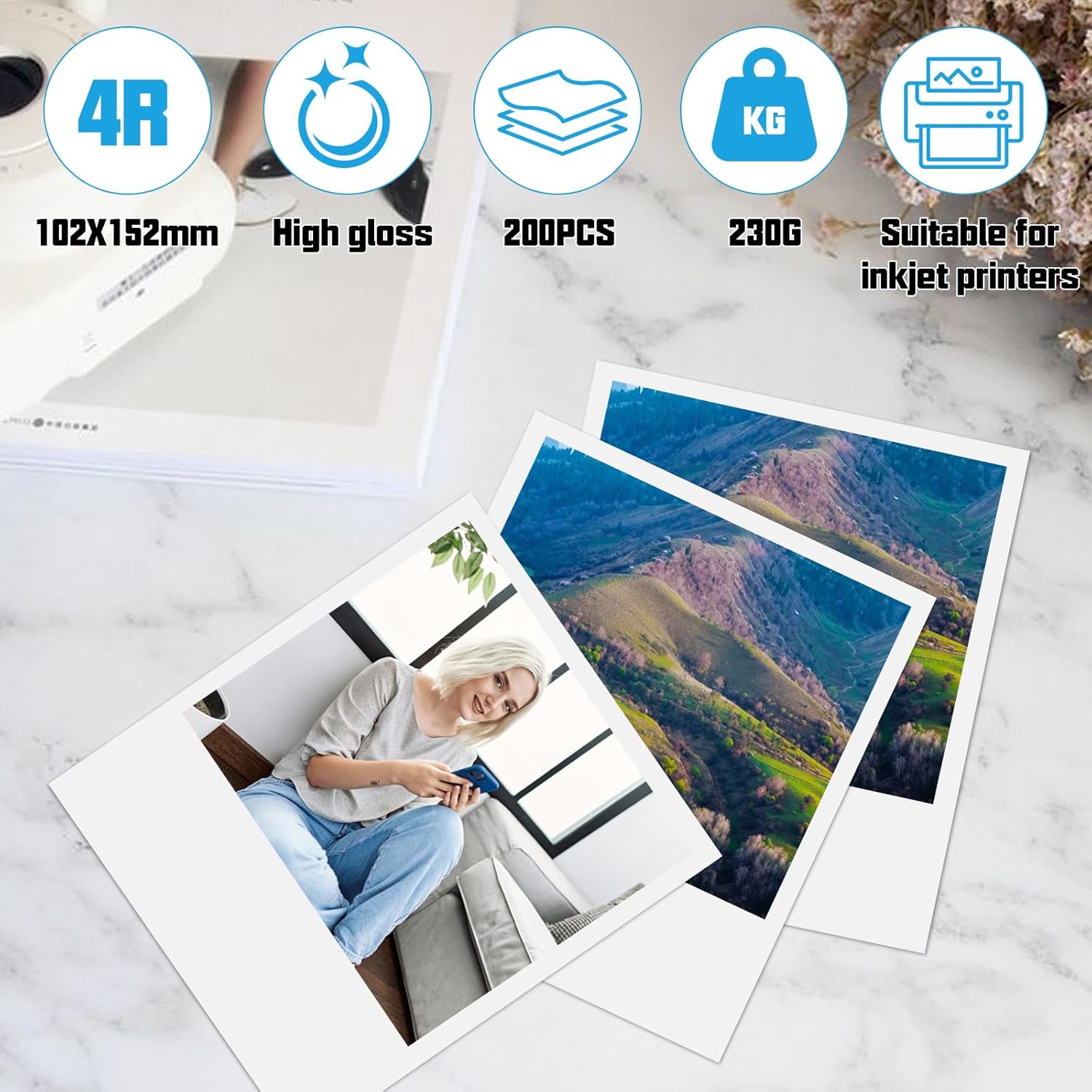 200 Sheets Photo Paper 10 x 15 cm, 200 g/m² Photo Paper High Gloss Photo Paper A6 for Inkjet Printers Photo Cards (White) – Bild 3