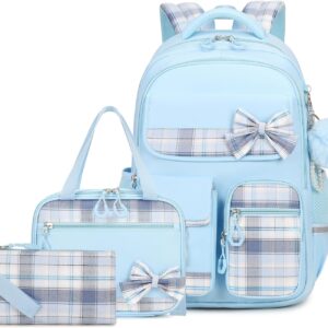 School Bag Girls Set, School Backpack Girls 3 Pieces with Lunch Bag Pencil Case, School Bag for Girls 3rd to 5th Grade, Cute Casual Children's Backpack, Blue