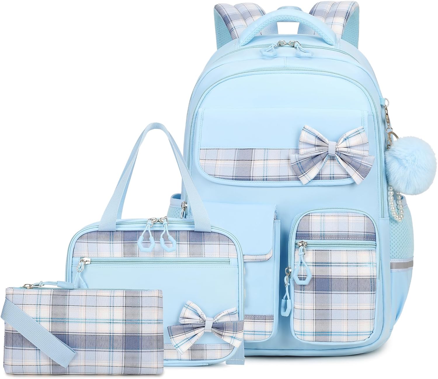 School Bag Girls Set, School Backpack Girls 3 Pieces with Lunch Bag Pencil Case, School Bag for Girls 3rd to 5th Grade, Cute Casual Children's Backpack, Blue