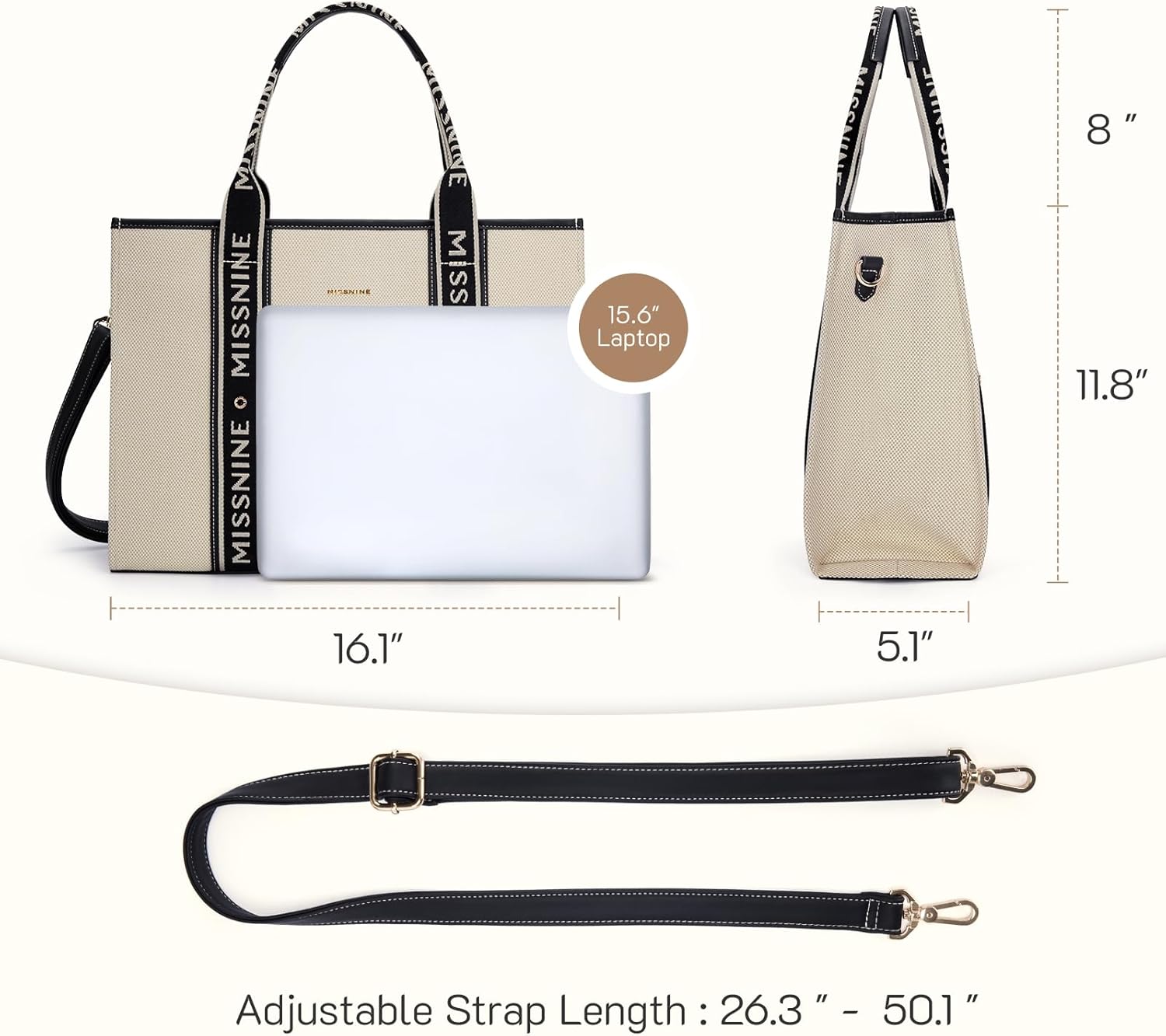 Missnine Tote Bag Canvas Laptop Bag 15.6 Inch Briefcase for Women Large Capacity Handbag for Office School Travel, Black + Beige, Elegant – Bild 7