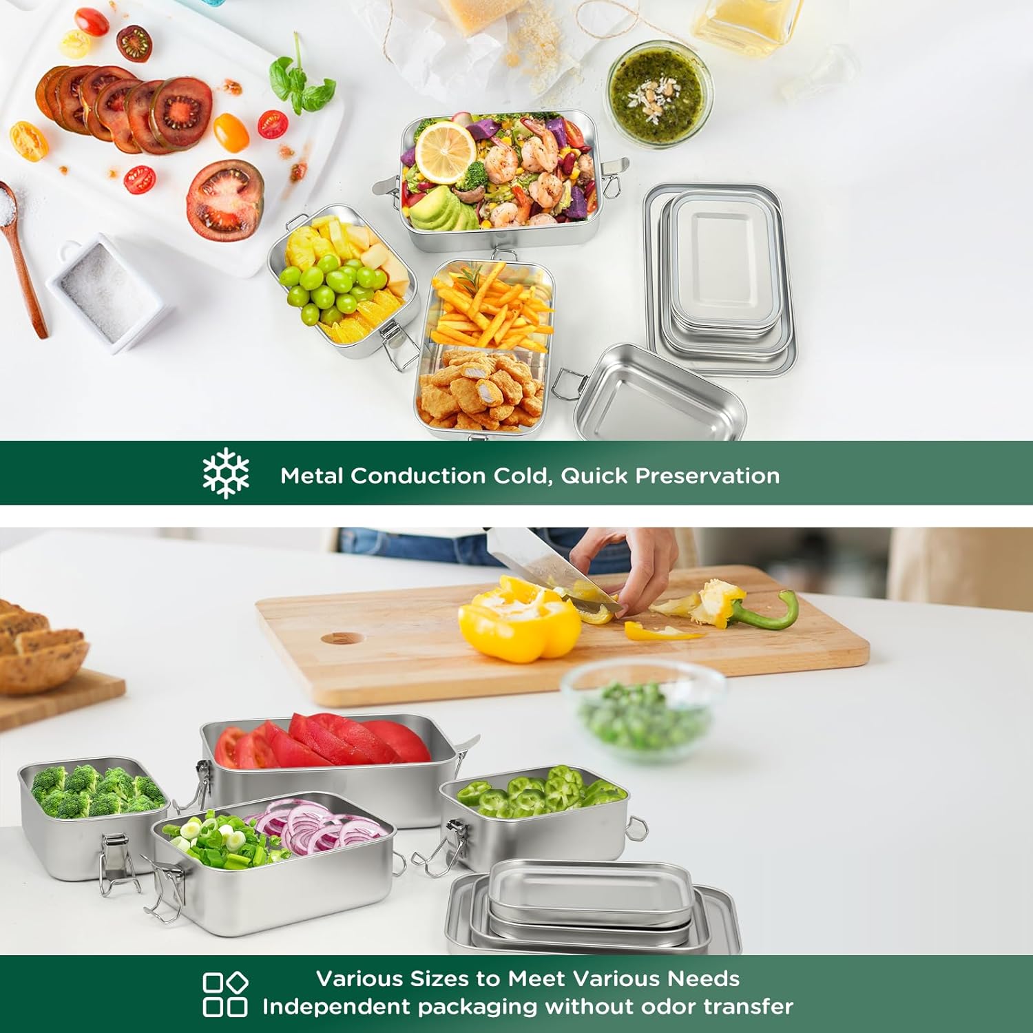 Pack of 4 304 Steel Bento Boxes, with Stainless Steel Lunch Box in Volumes 1400/850/550/550 ml, Leak-proof and Stackable Steel Lunch Box Stainless Steel for Soup, Salad and Leftover Meals – Bild 6