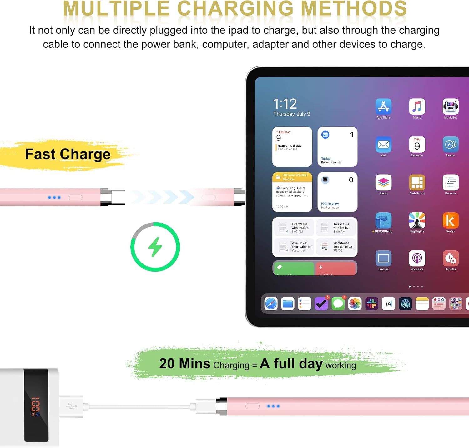 Pencil 1st Generation 4-20 Min Quick Charge (USB-C), Magnetic Pen for iPad with Palm Rejection & Tilt Sensitivity, 2024 Pencil Stylus Pen for iPad 6-10, Air 3-5, Mini 5-6, Pro 11/12 Inch – Bild 3