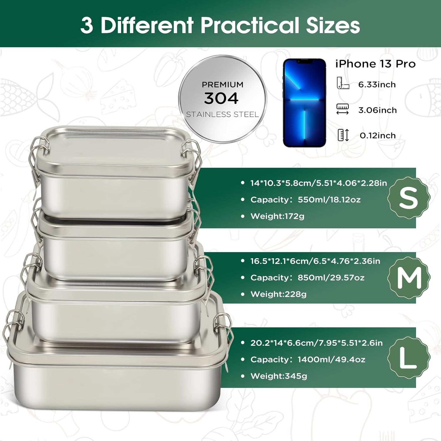 Pack of 4 304 Steel Bento Boxes, with Stainless Steel Lunch Box in Volumes 1400/850/550/550 ml, Leak-proof and Stackable Steel Lunch Box Stainless Steel for Soup, Salad and Leftover Meals – Bild 2