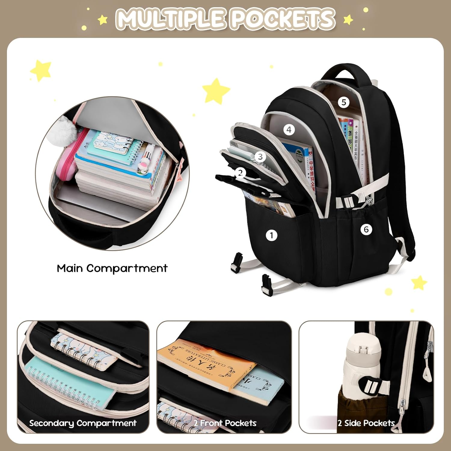 Backpack Girls School Bag for 3rd 5th Grade, Casual Large Kids Backpack with Pom Pom Pendant & Star Badge, Lightweight School Backpack Teenager with Trolley Strap – Bild 4