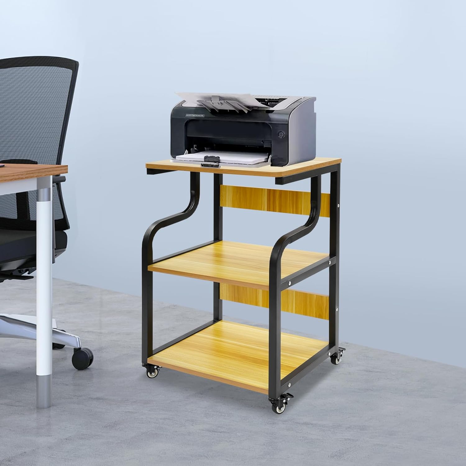 Printer Table, 3-Tier Printer Stand with Wheels, Printer Trolley, Printer Trolley, Rolling Cart Stand, Printer Shelf for the Study, for Home Offices and Printing Rooms (Black + Tan) – Bild 9