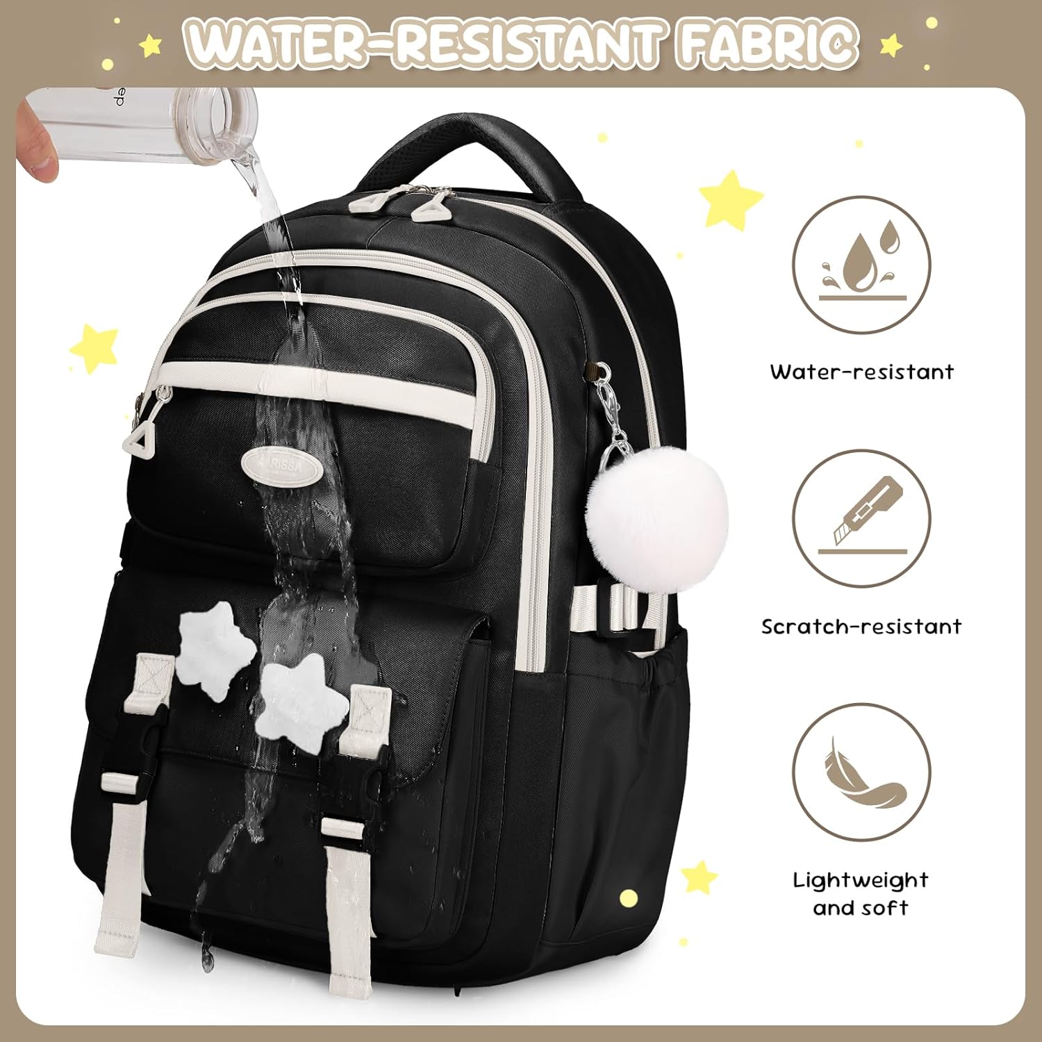 Backpack Girls School Bag for 3rd 5th Grade, Casual Large Kids Backpack with Pom Pom Pendant & Star Badge, Lightweight School Backpack Teenager with Trolley Strap – Bild 7