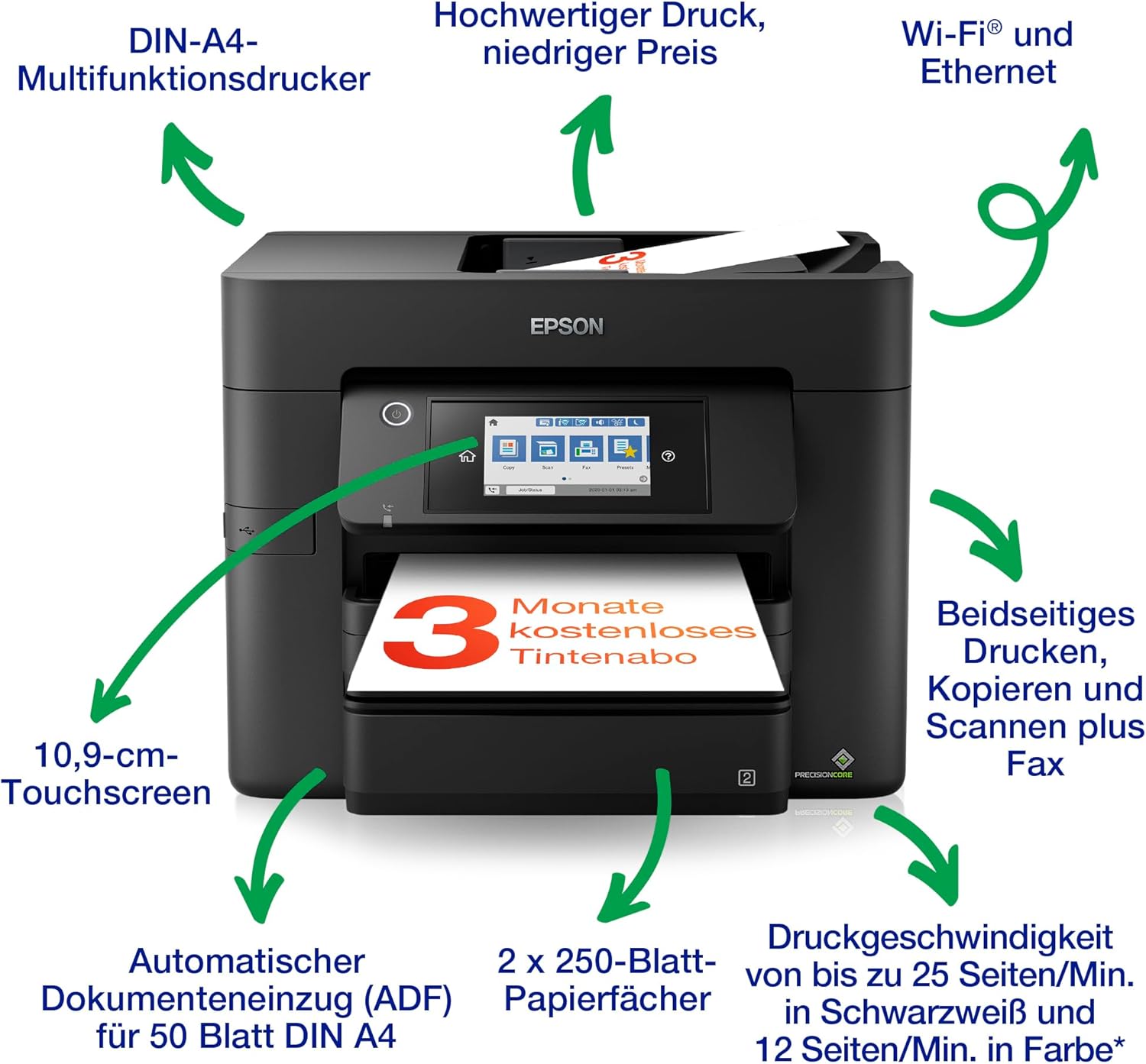 Epson Workforce Pro WF-4830DTWF 4-in-1 Business Ink Multifunction Device (Print, Scan, Copy, Fax, ADF, WiFi, Ethernet, Full Duplex, DIN A4), incl. 9 Months ReadyPrint Flex Ink Rate, Black – Bild 2