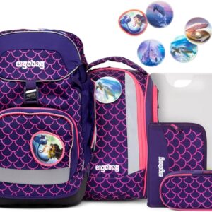 ergobag Ergonomic School Backpack, Flexible 6-Piece Set, 1st Grade Primary School, Pearl Diving Bear – Purple