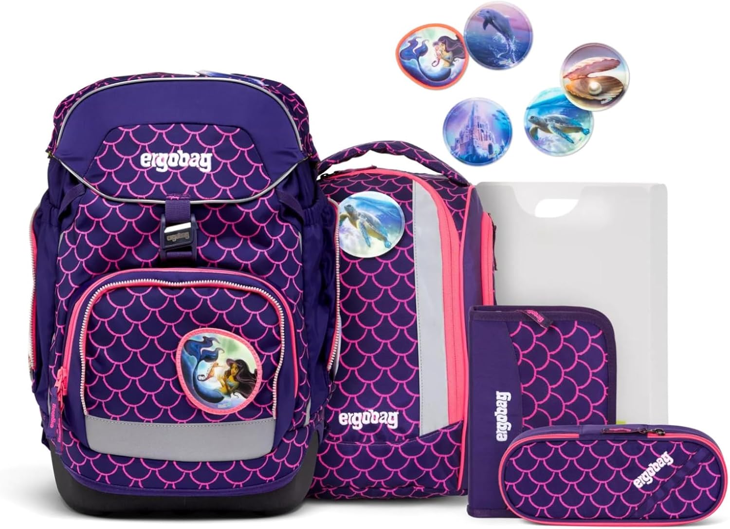 ergobag Ergonomic School Backpack, Flexible 6-Piece Set, 1st Grade Primary School, Pearl Diving Bear - Purple