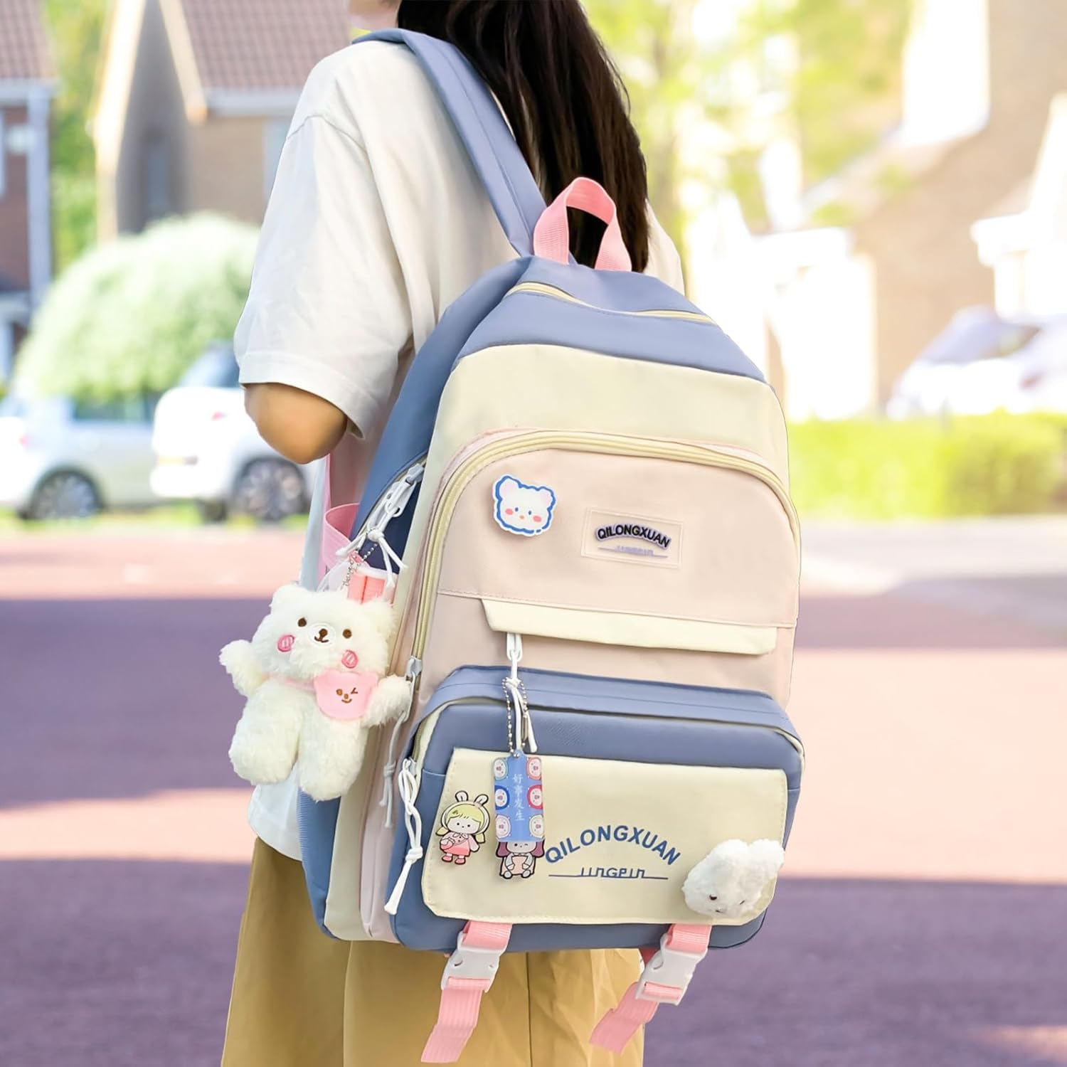 IvyH School Bag Set 5 Pieces School Bag Girls Backpack School Teenager School Backpack for Girls 3rd to 7th Grade School Bag Set with Shopping Bag Pencil Case Neck Pouch, 45cm, 8583# Blue, Backpack – Bild 7