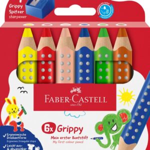 Faber-Castell Grippy 110635 Set of 6 Jumbo Colouring Pencils for Toddlers, Easy Wipe Clean Colouring Pencils for Children, Ergonomic Triangular Shape, Thick Colouring Pencils, 10 mm Thick Lead
