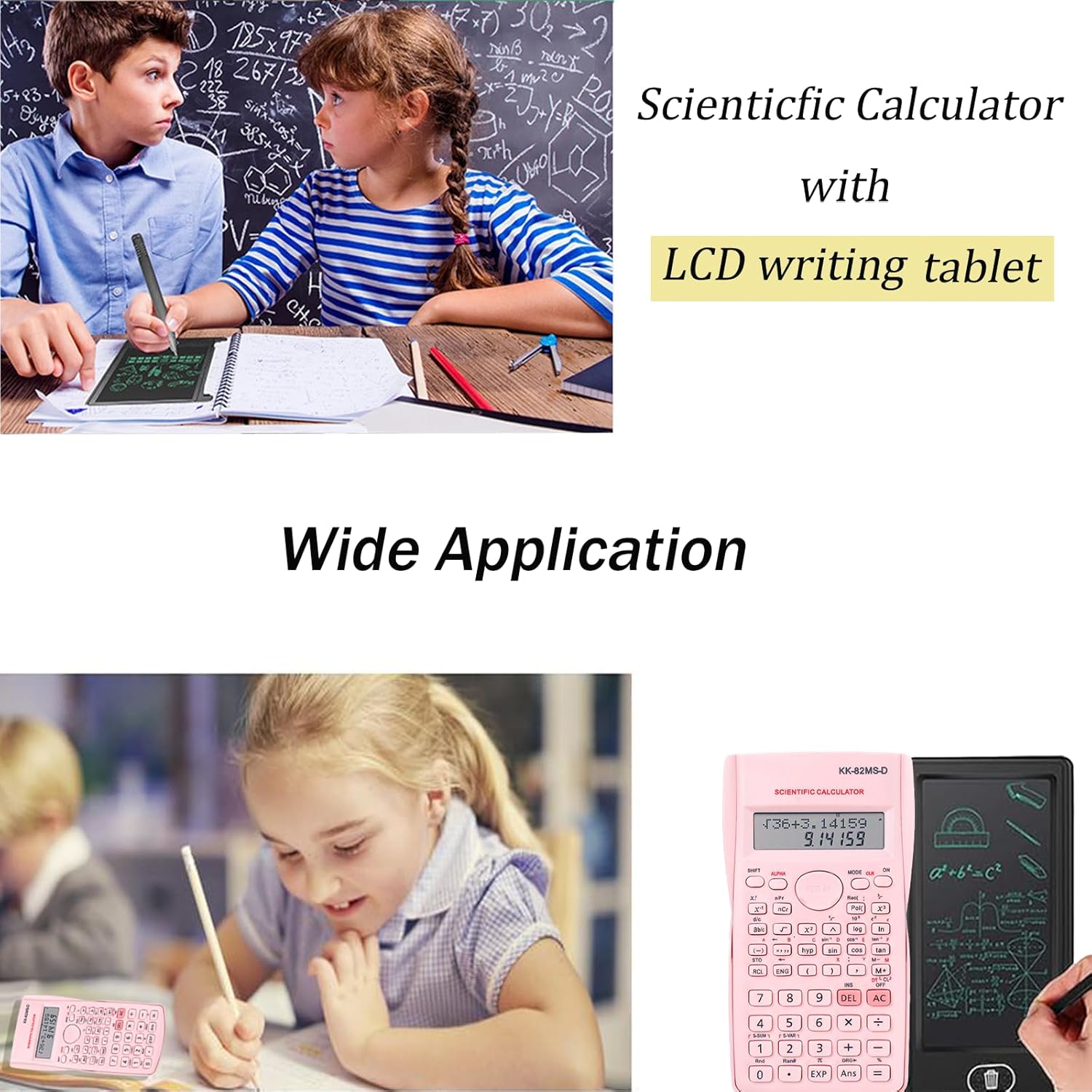 KK-82MS-D Portable Technical Scientific Calculator with 4.4 Inch LCD Display, Erasable Writing Tablet, Professional Portable Calculator, Notepad for Office School (Pink) – Bild 4