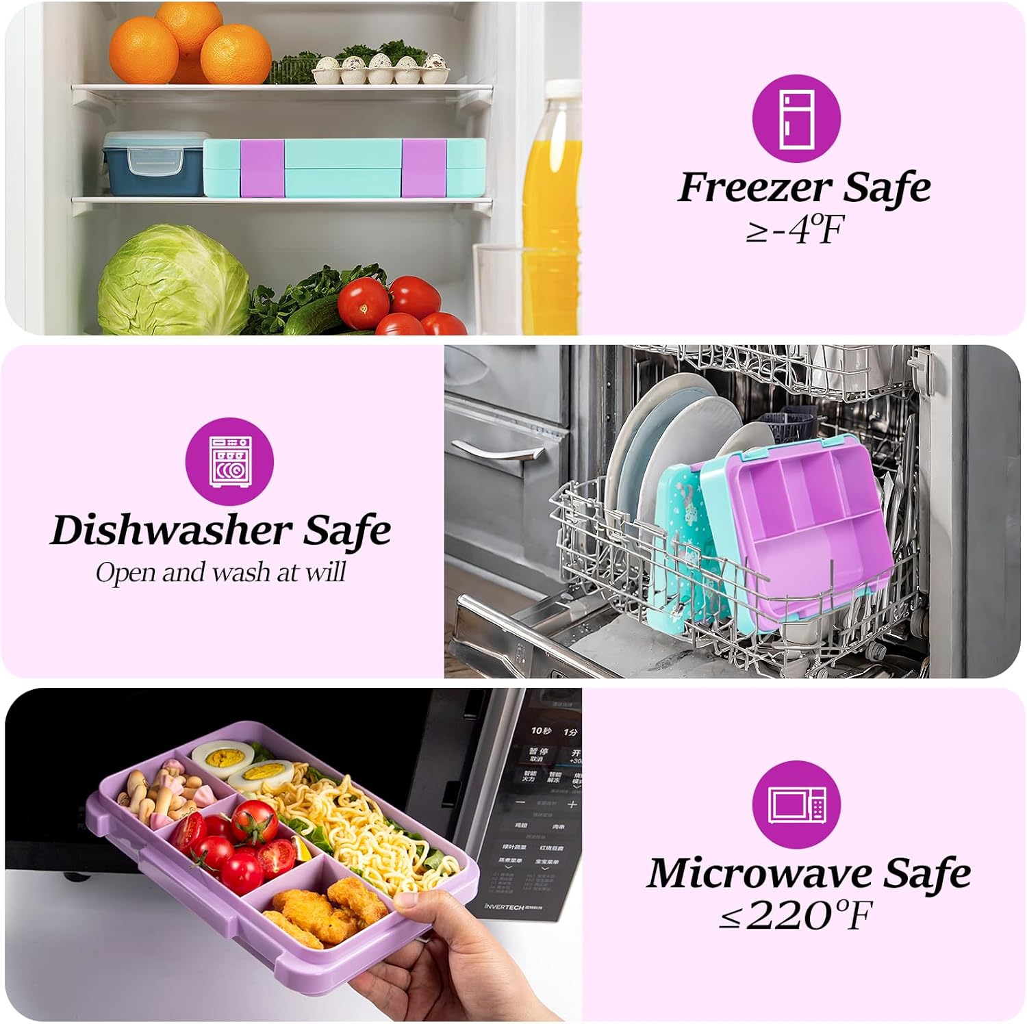 QCQHDU Children's Lunch Box with 5 Compartments - Lunch Box with Dividers, 1300 ml Bento Box for School, Nursery, Outdoor, Leakproof, Dishwasher Safe, BPA-Free, Food Container with Cutlery – Bild 4