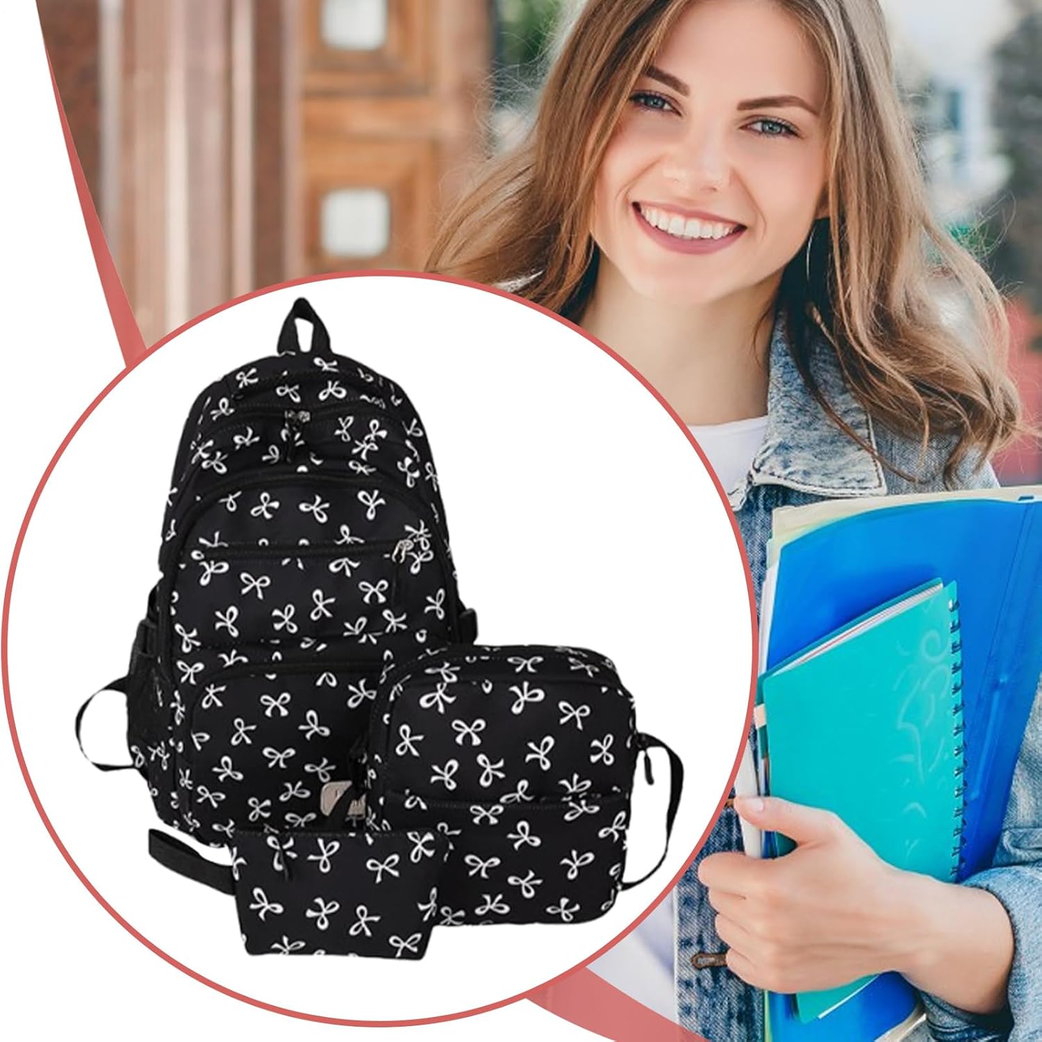 School Backpack Girls Teenager Vintage Backpack Set for Girls Bows School Bag Laptop School Bags with Lunch Bag and Pencil Case for Women School Travel (3 Pieces/Set) – Bild 4