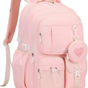 School Bag Girls School Backpack for Girls 1st - 5th Grade with Cute Coin Bag, Casual Backpack School for Kids Teenagers, Ideal for School and Travel, pink, Rucksack Backpacks