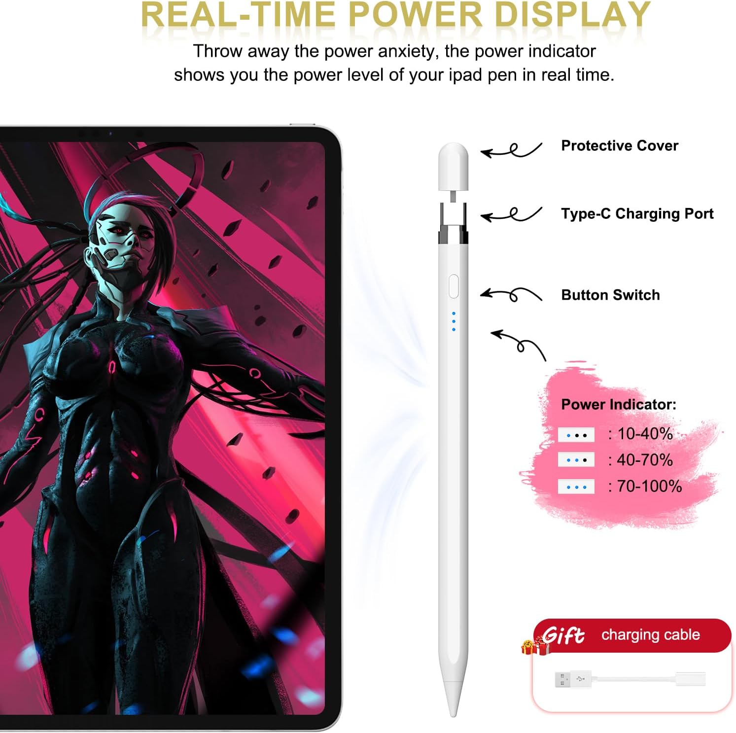 Pencil 1st Generation for iPad 2018-2025, 20 Mins with USB C Quick Charge & Tilt & Magnetic Suction, Stylus Pen for iPad 11-6 Gen, Air 3-5/M2/M3, Mini 5-6, Pro 11"/12.9"/13''M4 (White) – Bild 8